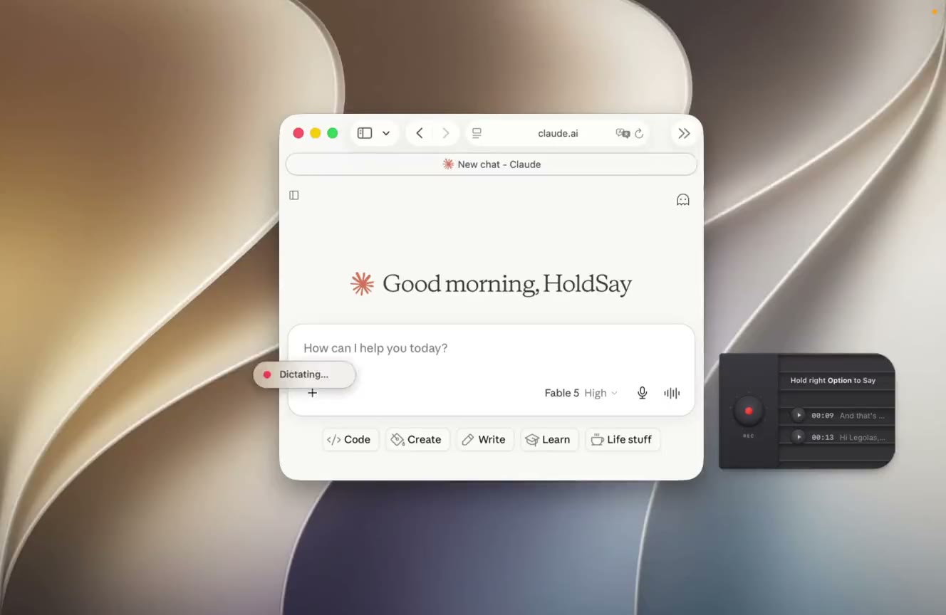 A Mac desktop with a browser window mid-dictation, a &ldquo;Dictating&hellip;&rdquo; pill at the text cursor, and the HoldSay card sitting at the right edge of the screen.