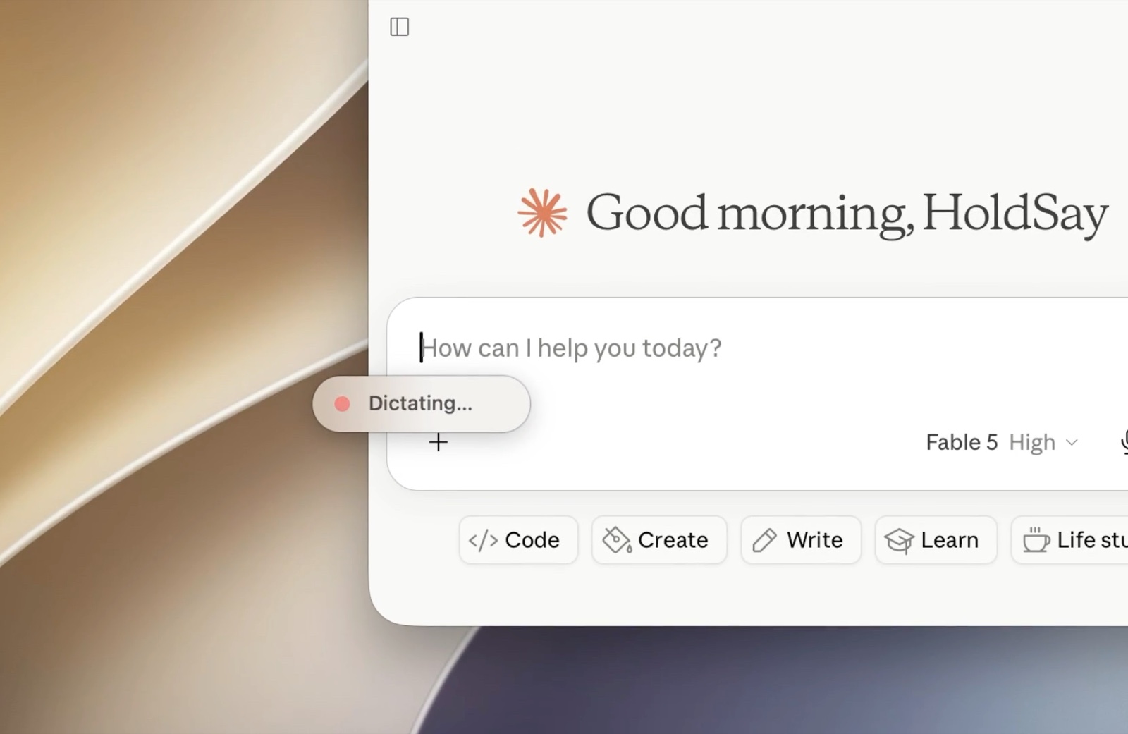 An AI chat window with HoldSay&rsquo;s red &ldquo;Dictating&hellip;&rdquo; pill floating over the empty message box, mid-dictation.