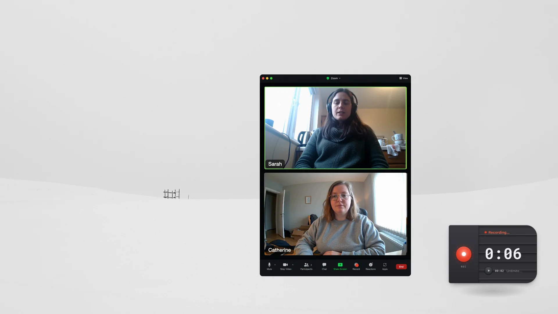 A computer video call beside the HoldSay floating recording card