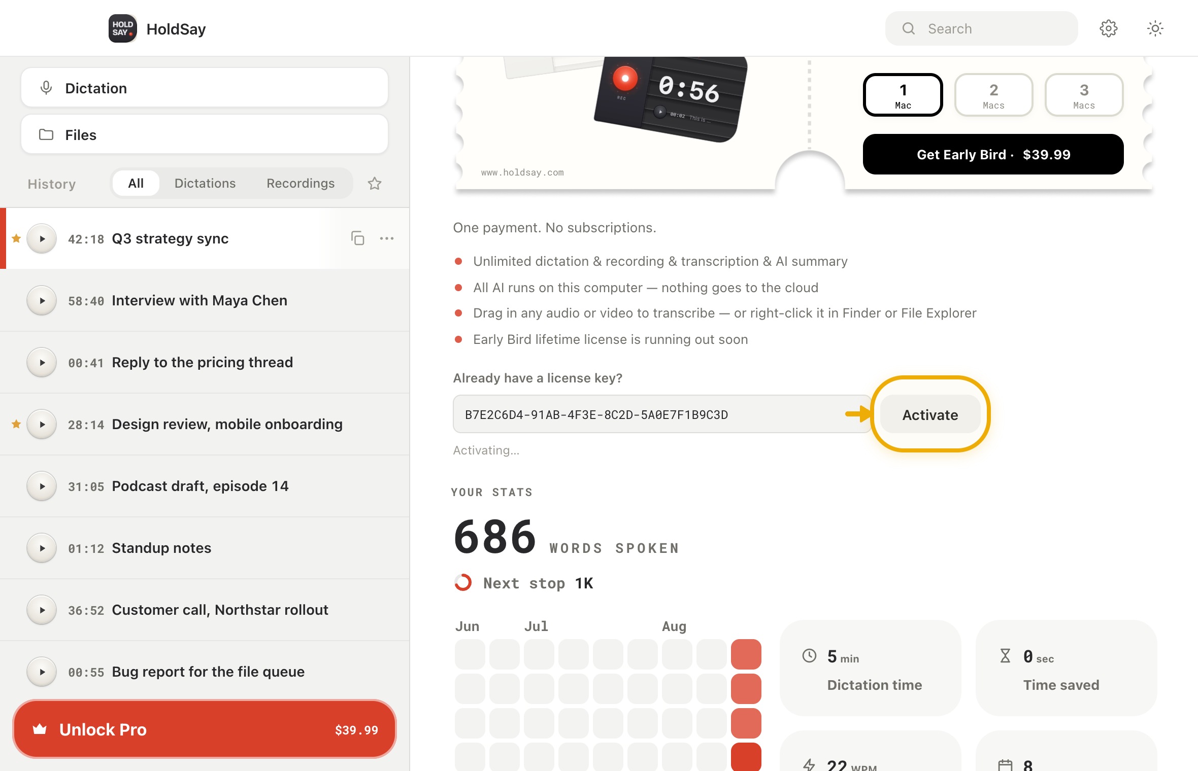 Move a seat to another computer in the HoldSay app, with Activate highlighted
