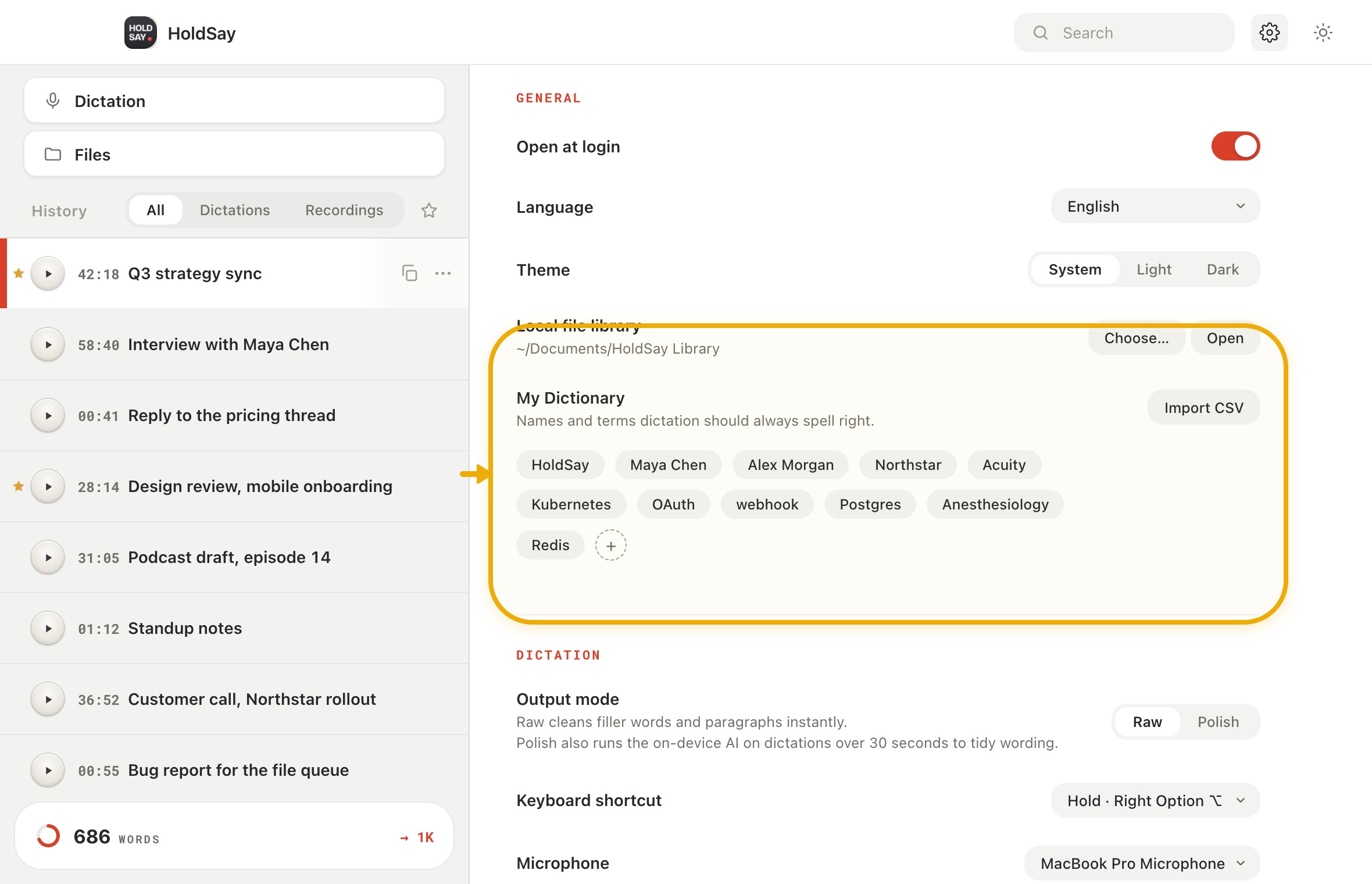 Choose useful dictionary entries in the HoldSay app, with My Dictionary highlighted