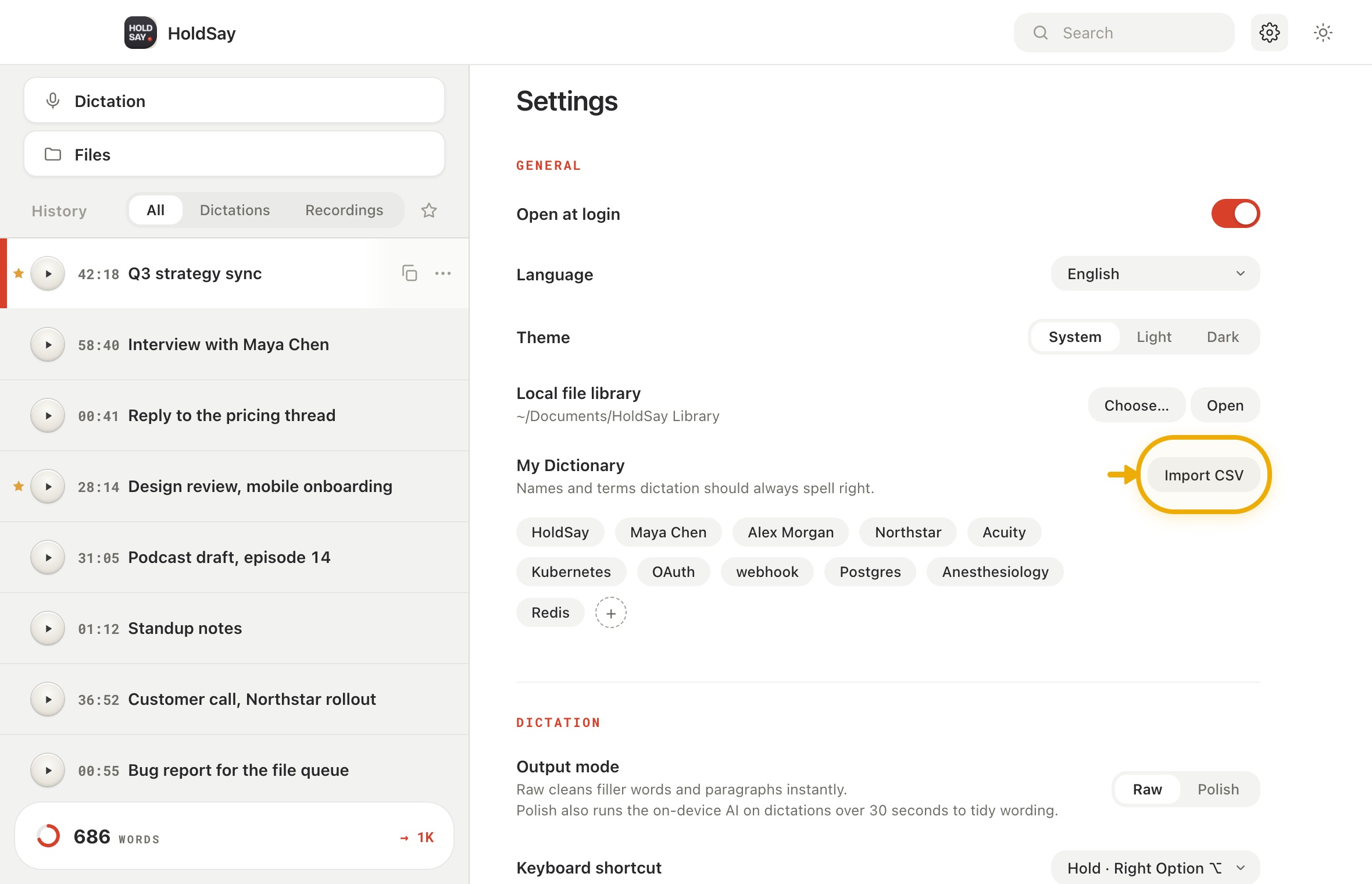 Import a vocabulary list in the HoldSay app, with Import CSV highlighted