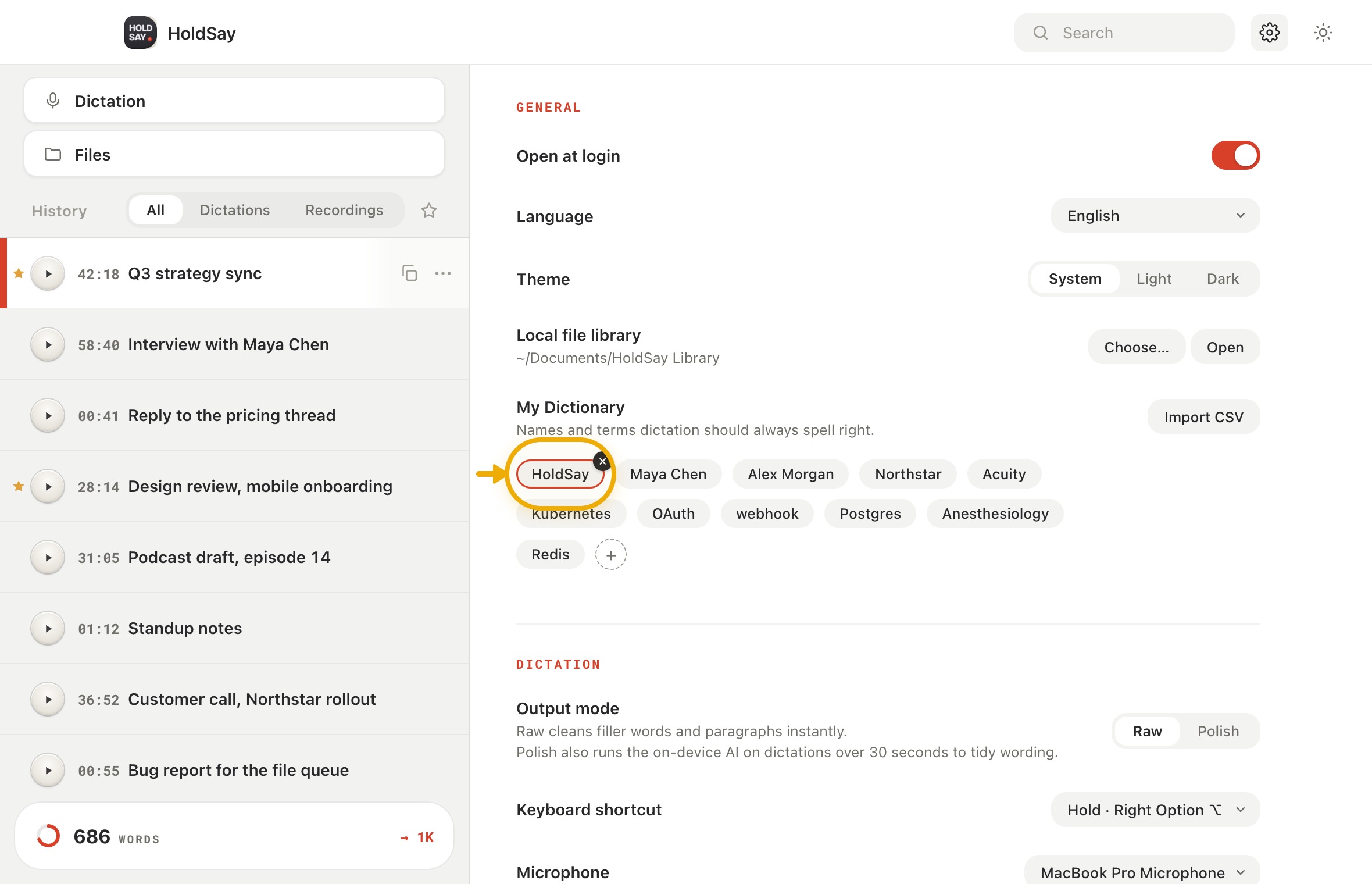 Edit, remove and verify terms in the HoldSay app, with HoldSay highlighted