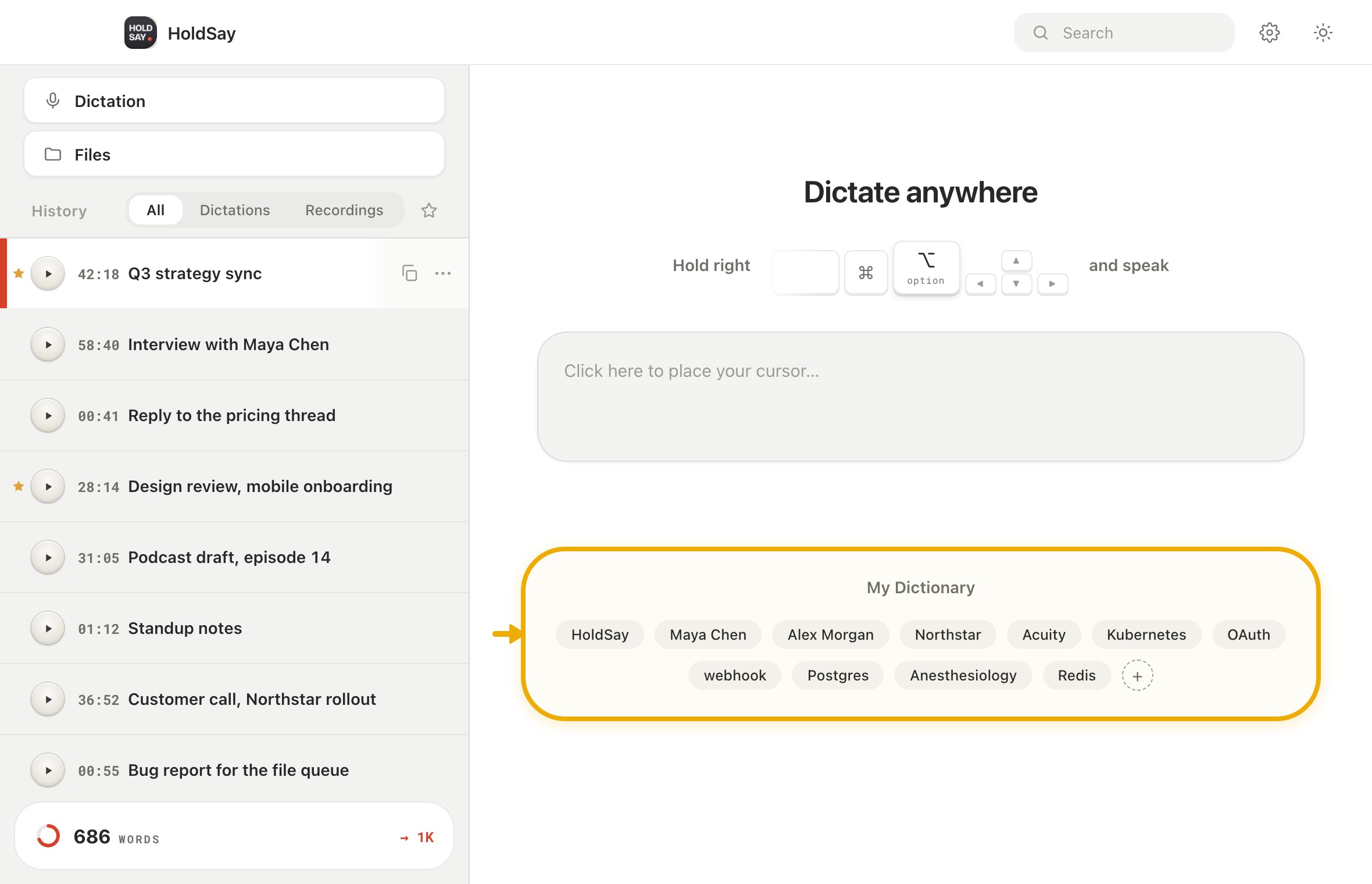 Add one word or name in the HoldSay app, with My Dictionary highlighted