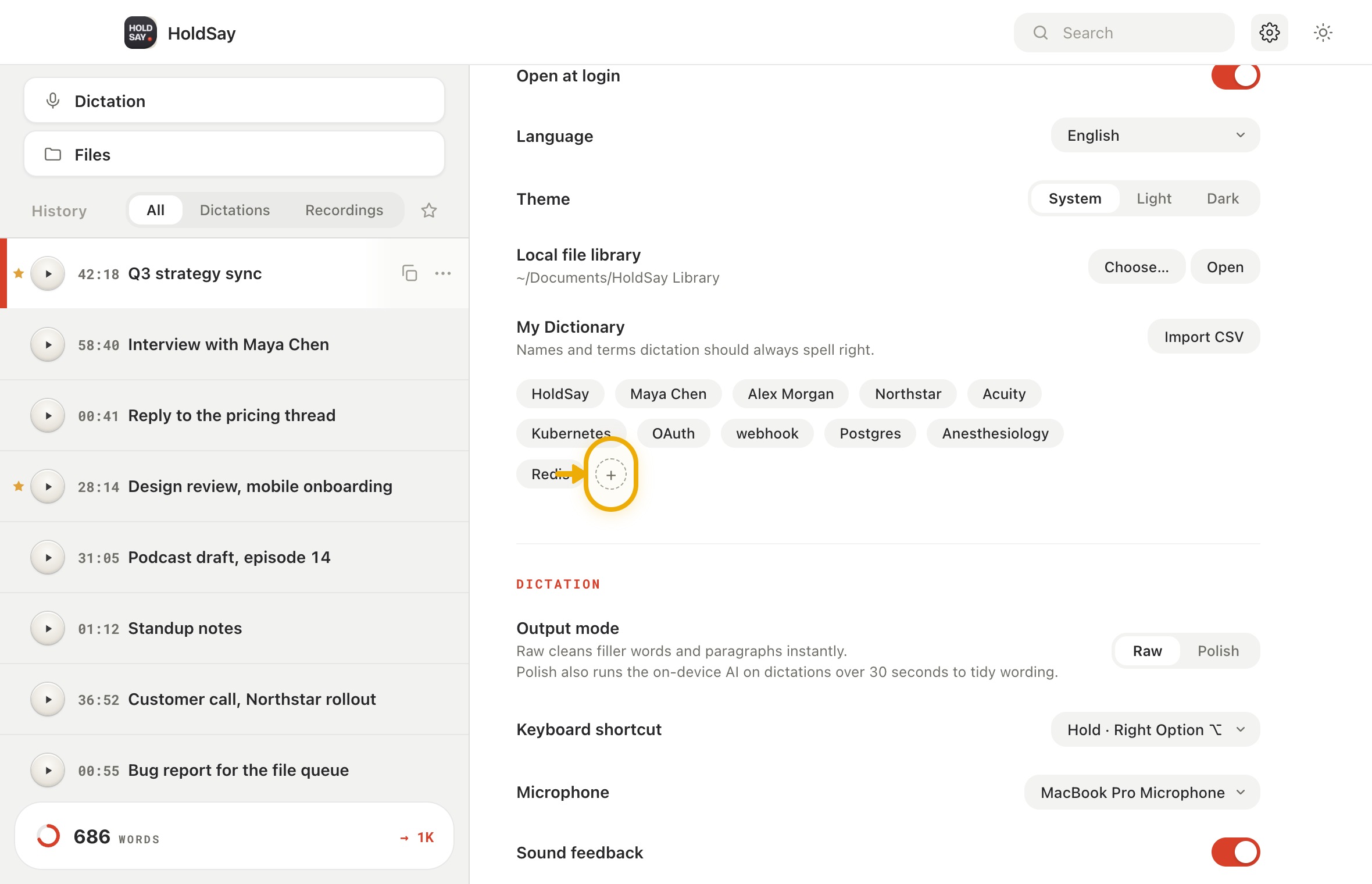 Add one word or name in the HoldSay app, with the add control highlighted