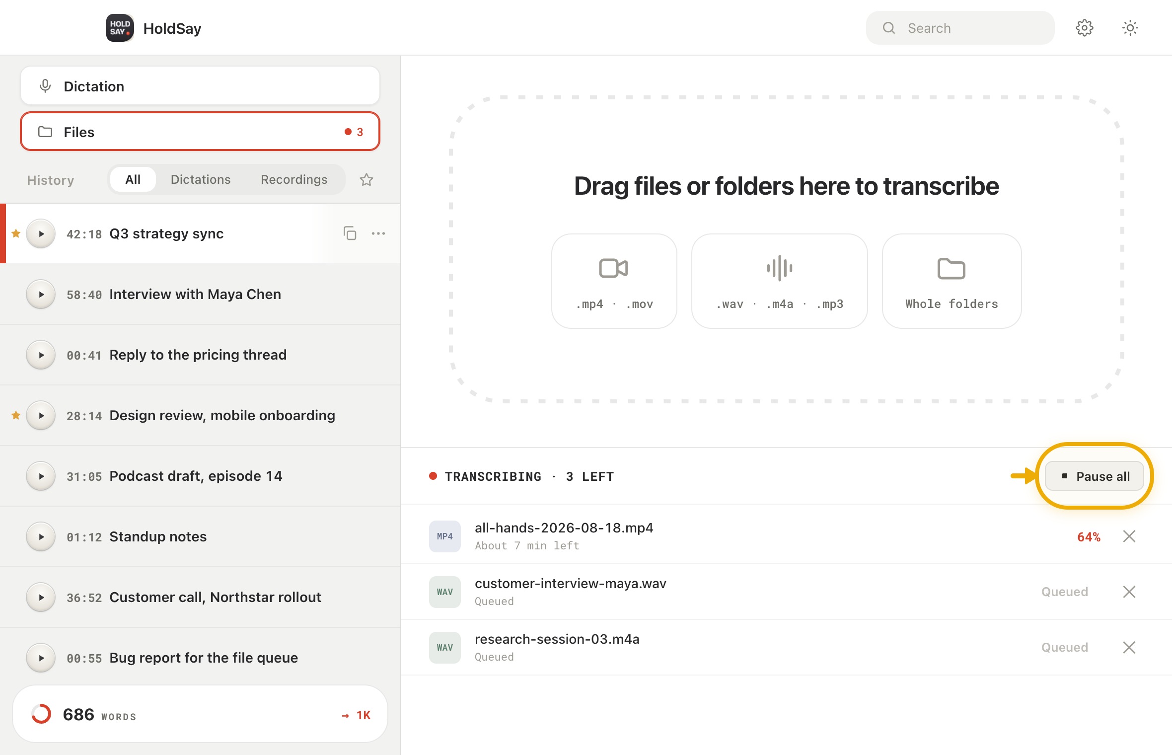 Pause, resume, retry or cancel in the HoldSay app, with Pause all highlighted
