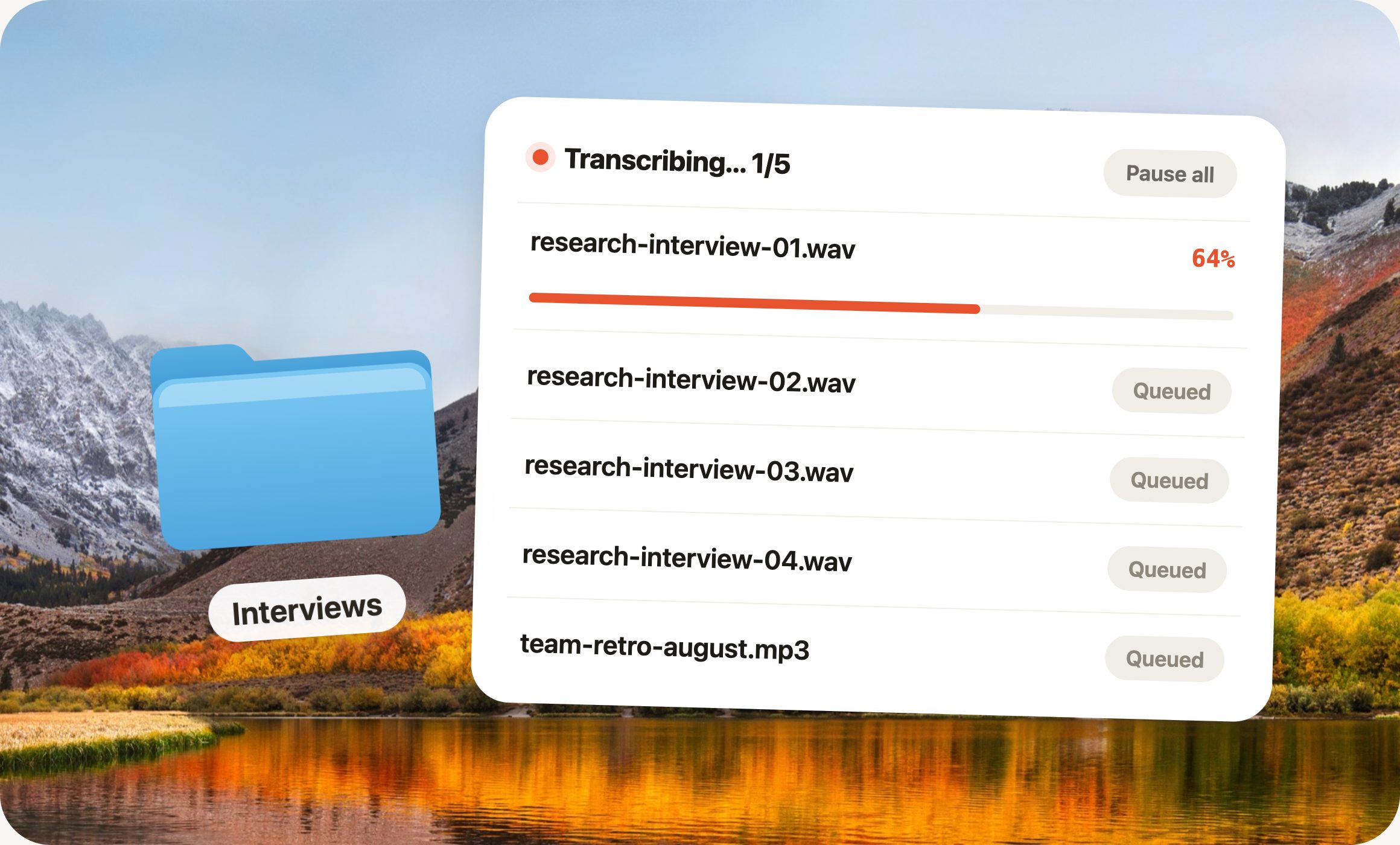 A Mac folder beside the HoldSay file queue with one file transcribing and the rest queued
