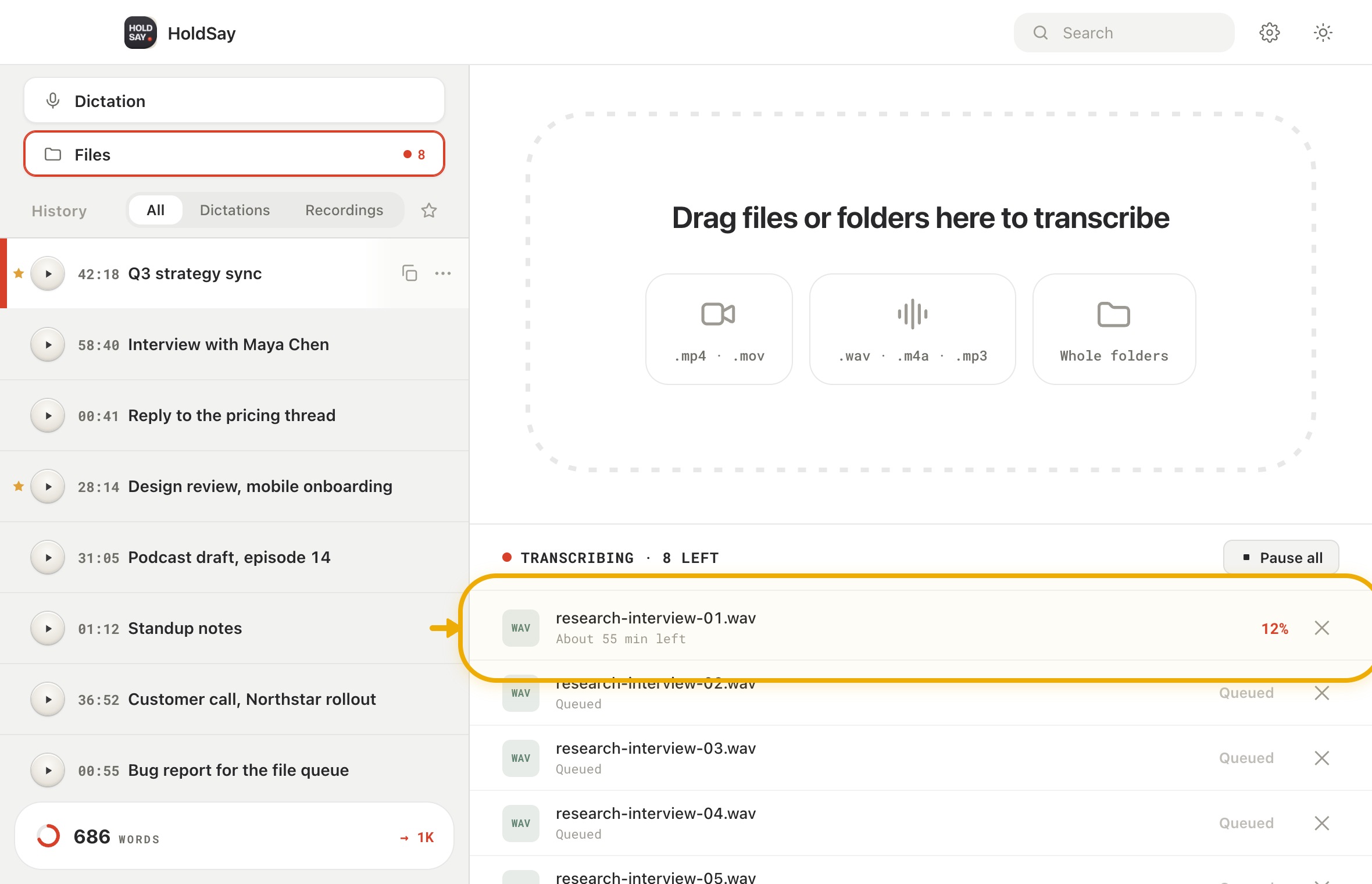 Run a large batch reliably in the HoldSay app, with Transcribing highlighted
