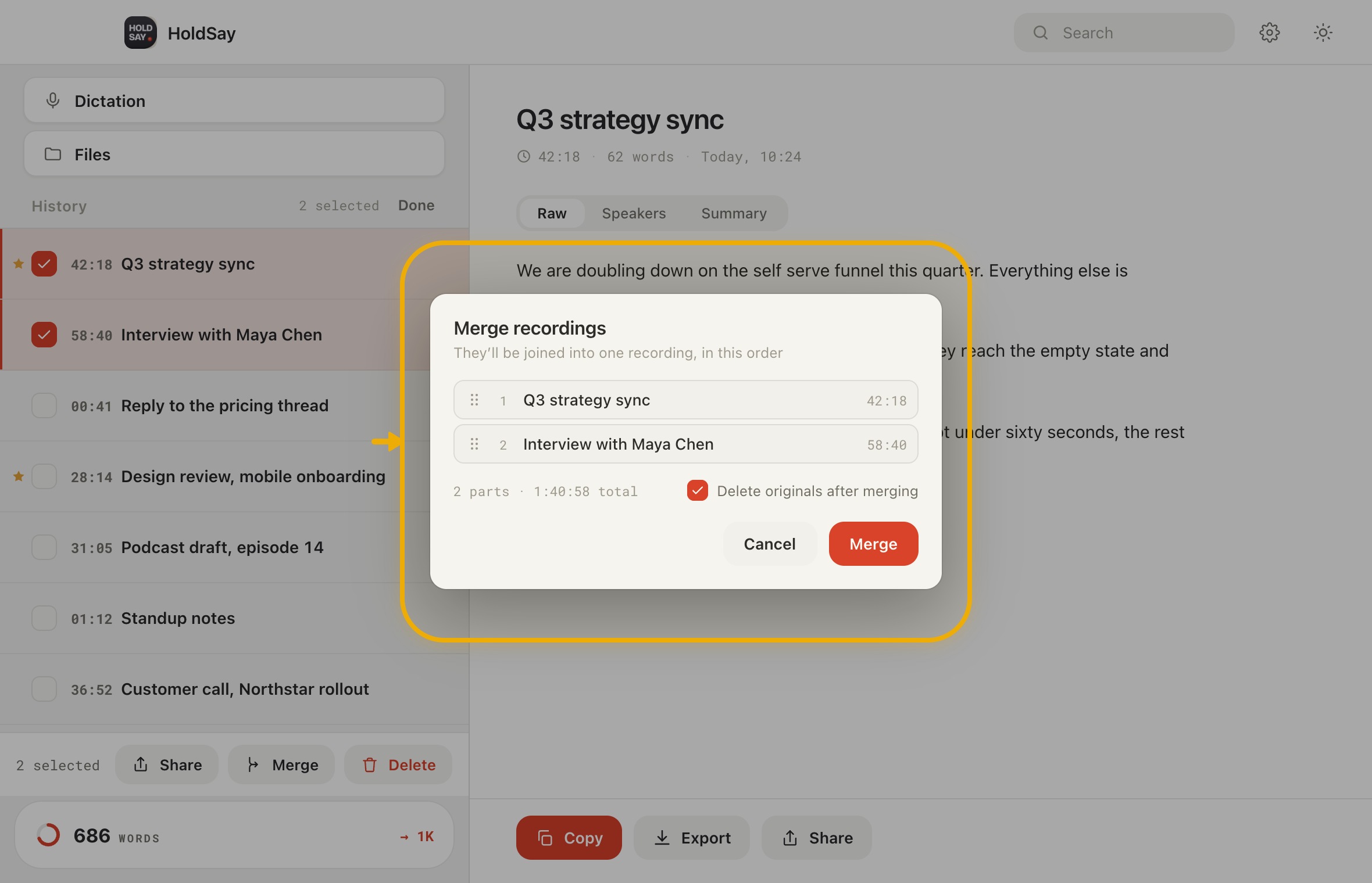 Choose what happens to the originals, then verify in the HoldSay app, with Delete originals after merging highlighted