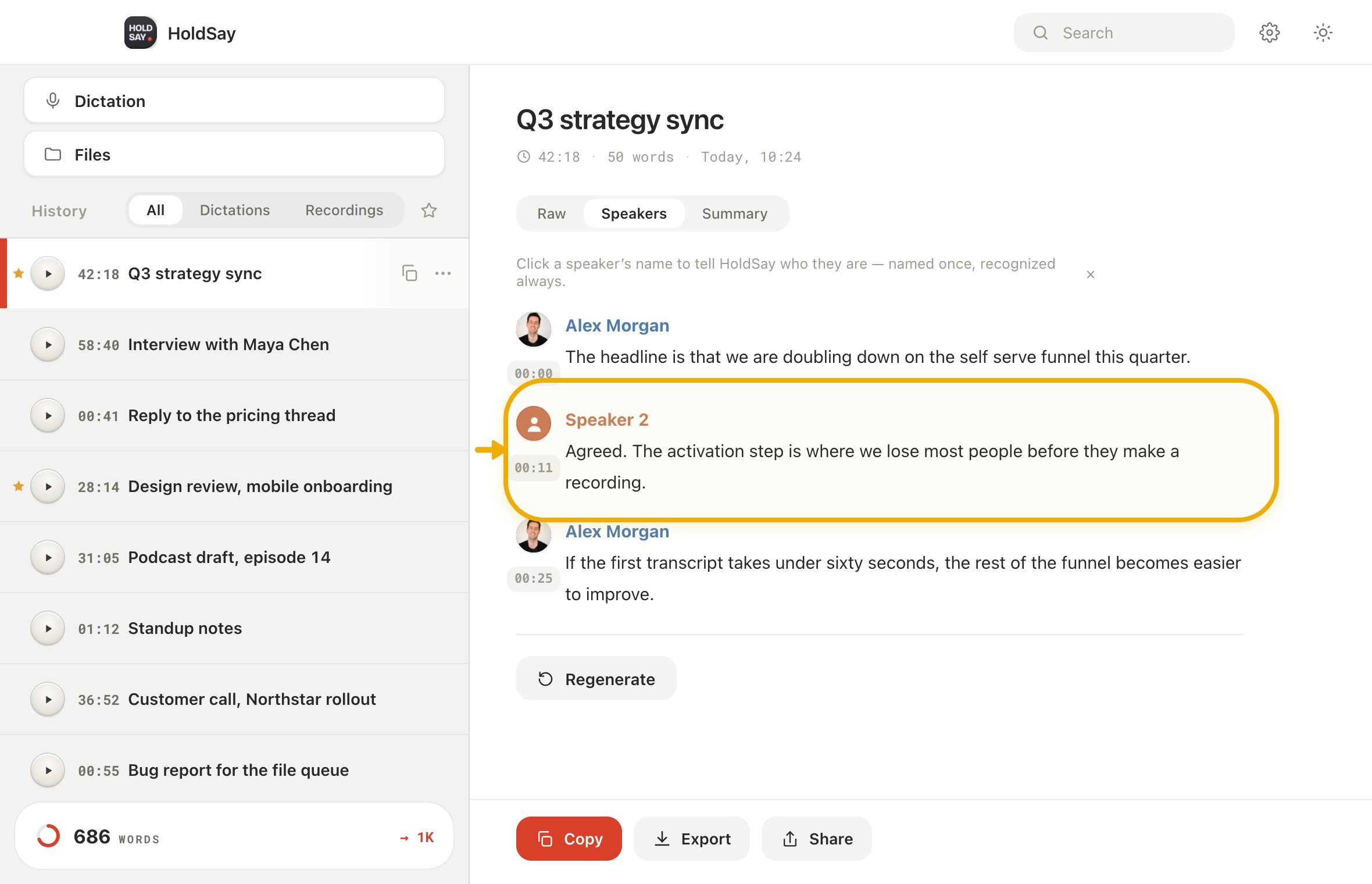Connect a recurring person in the HoldSay app, with Speaker 2 highlighted