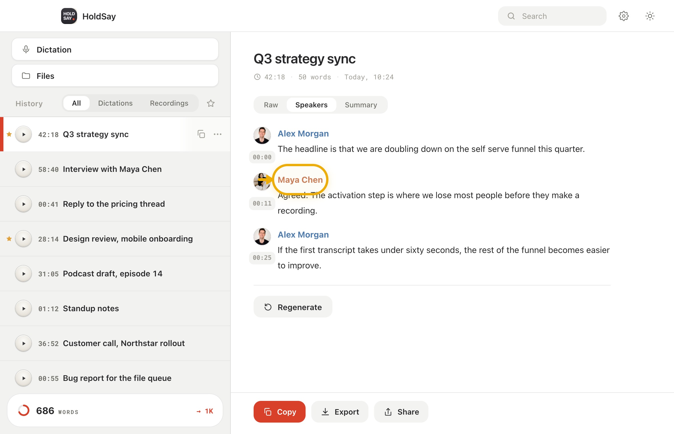 Review names before sharing in the HoldSay app, with Maya Chen highlighted