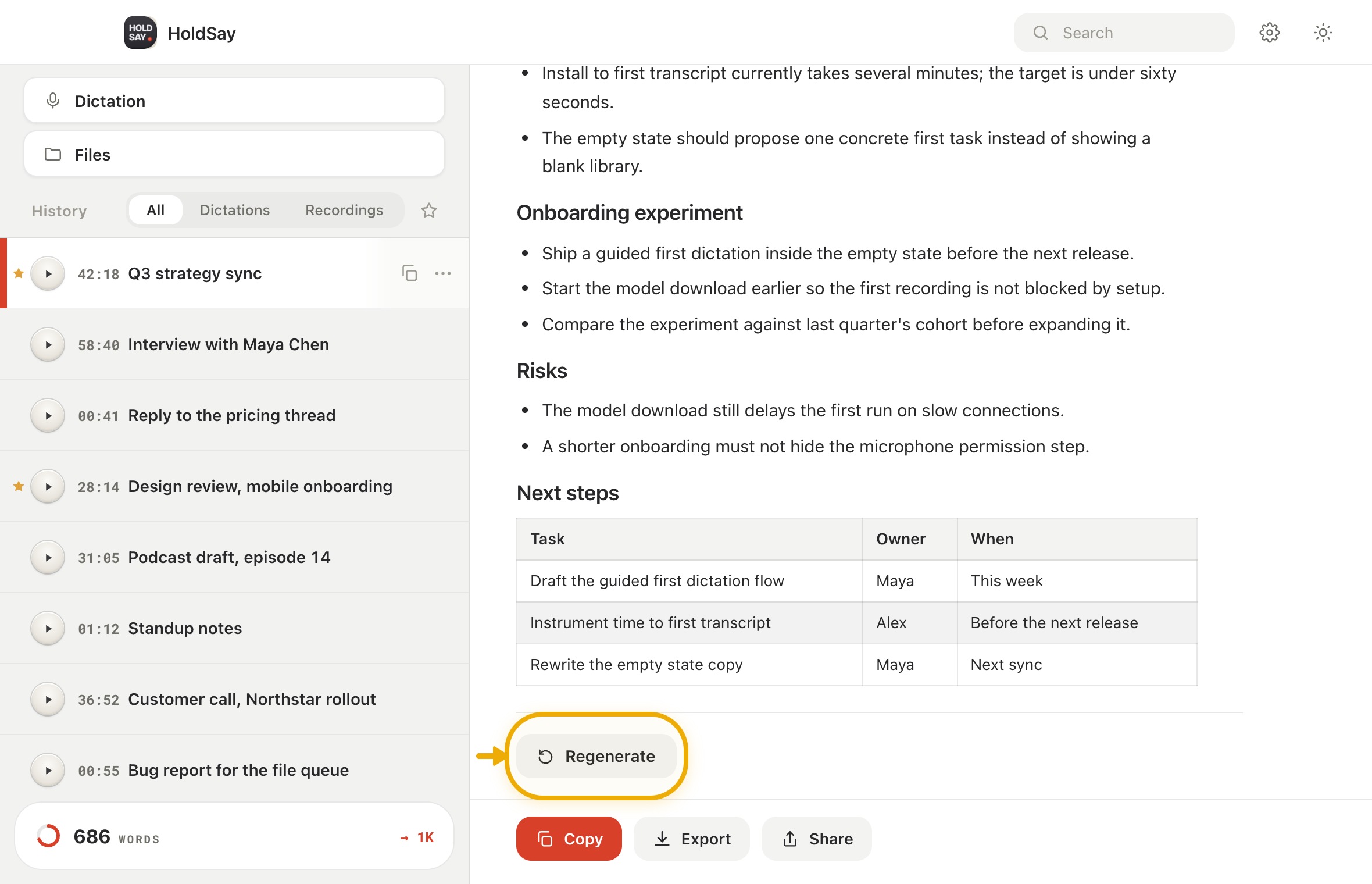 Regenerate after a meaningful correction in the HoldSay app, with Regenerate highlighted