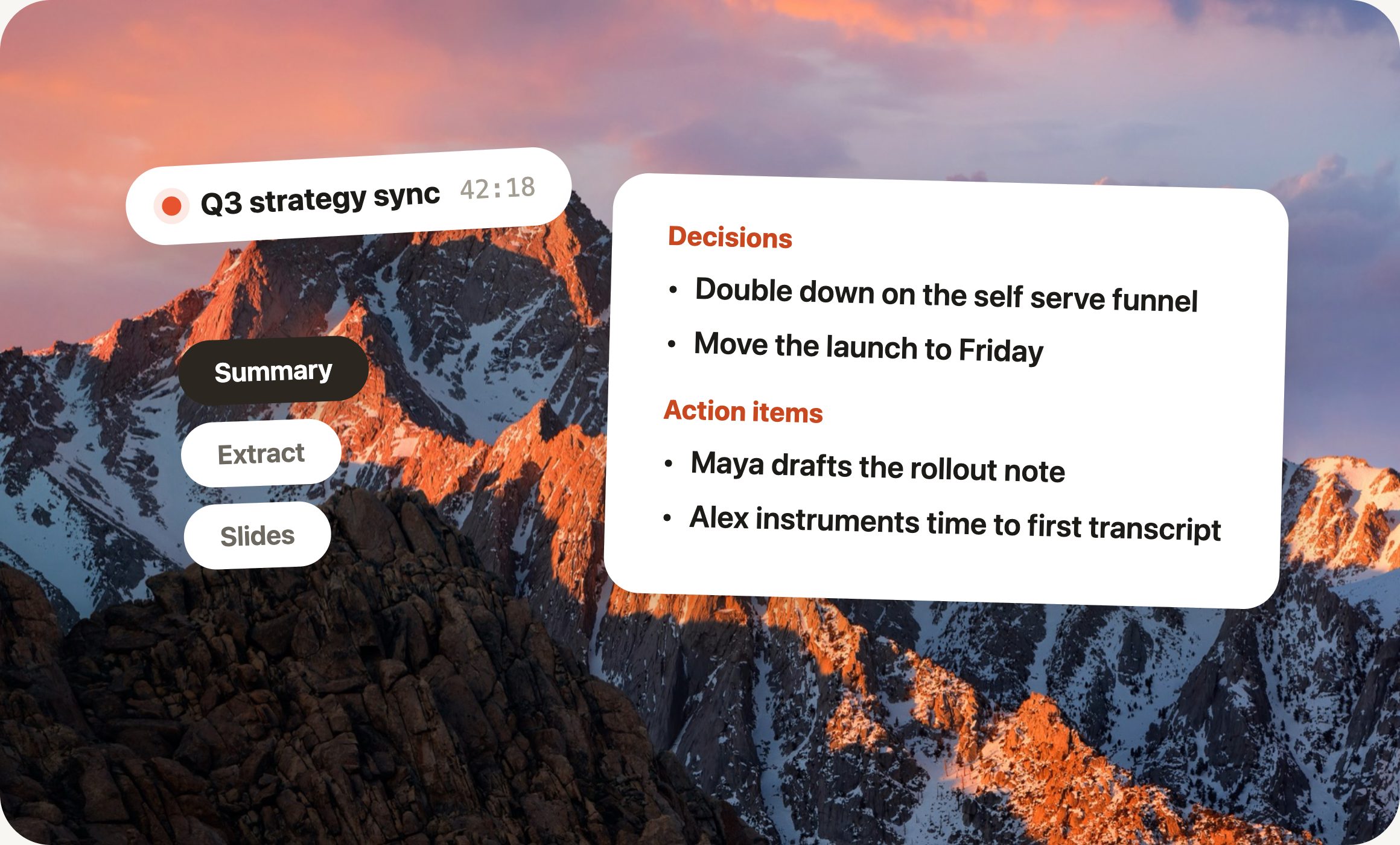 A recording beside its summary styles and a finished summary with decisions and action items