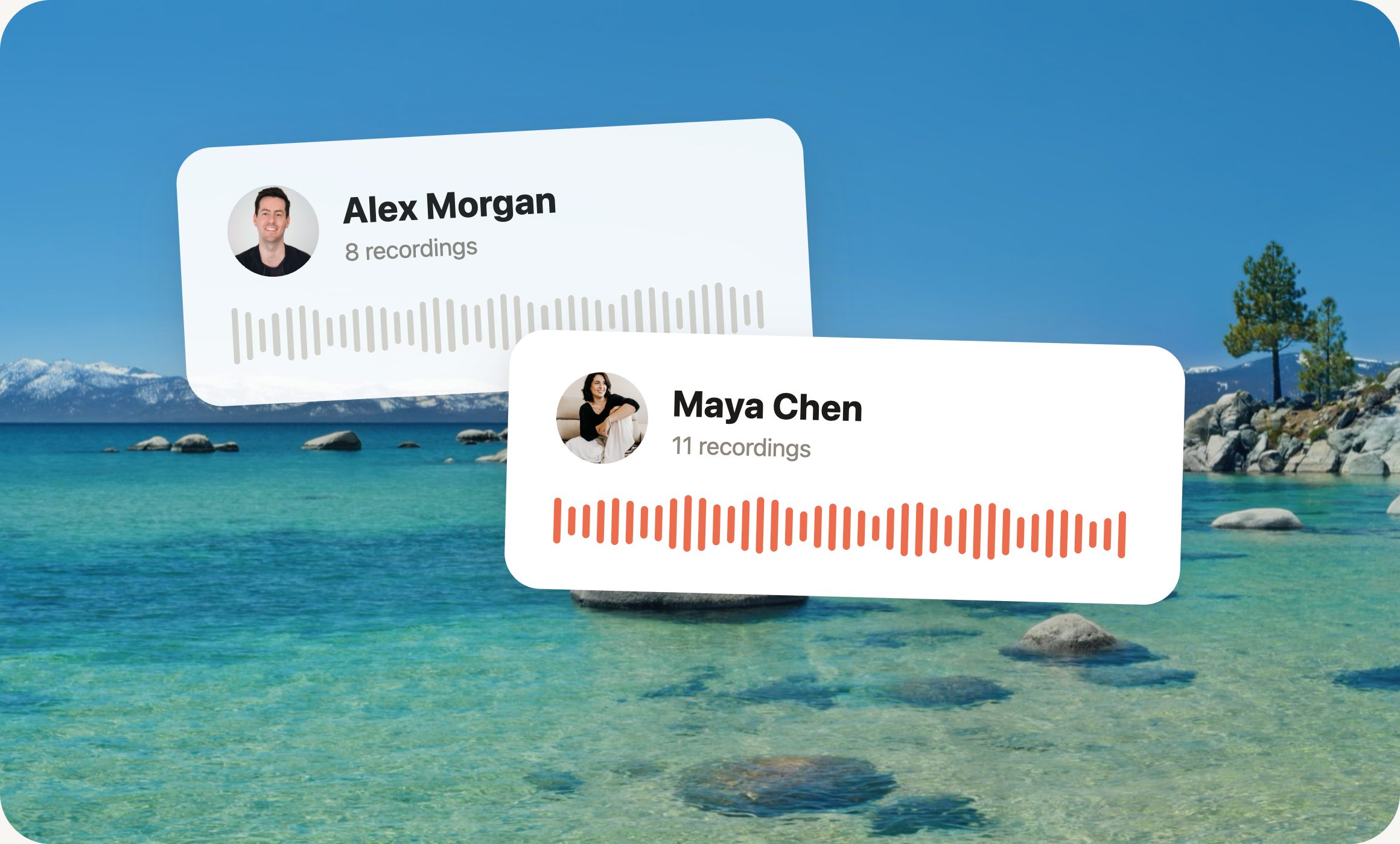 Two named speaker profiles with their voiceprints and recording counts