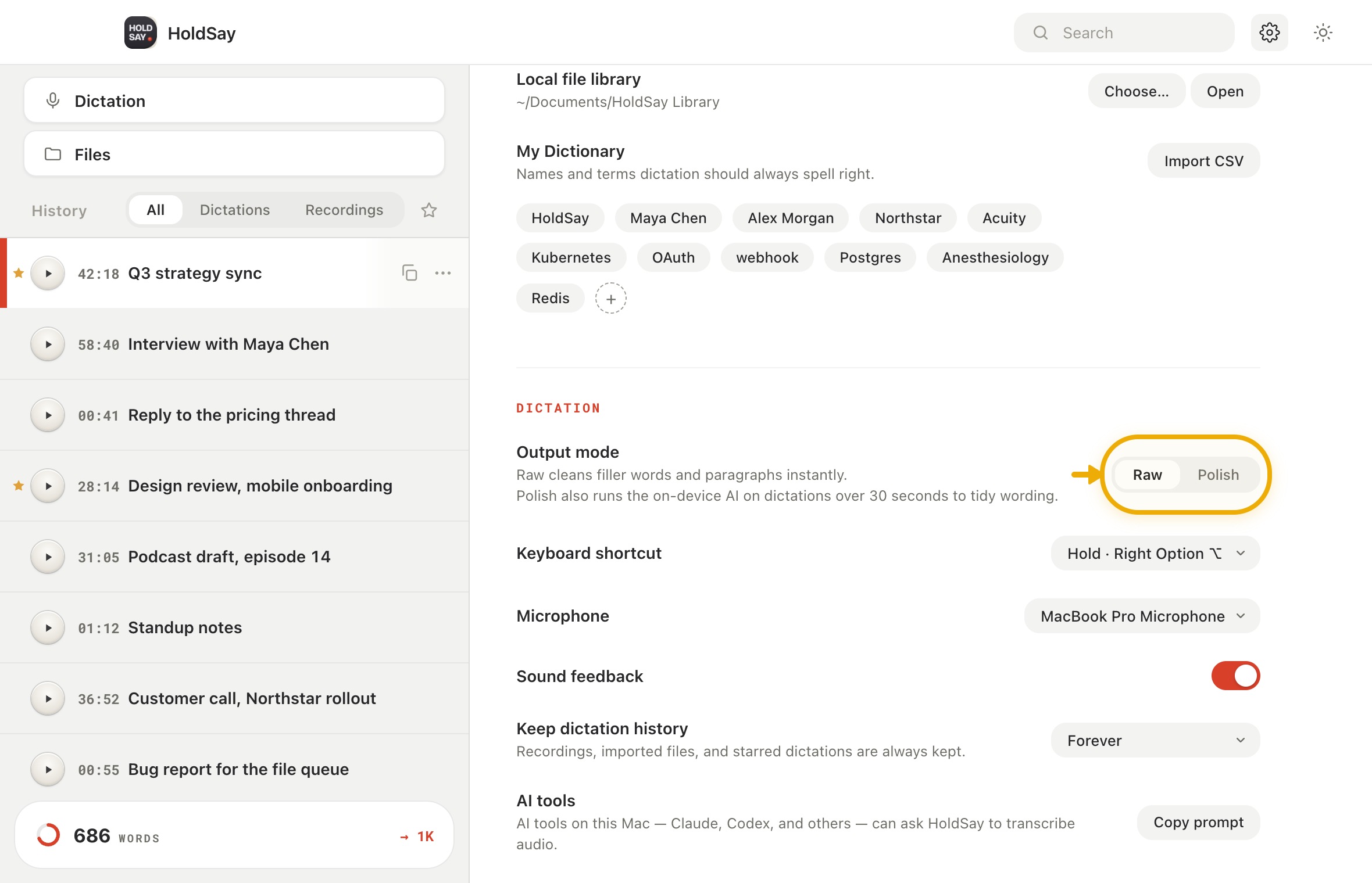 Choose Raw or Polish in Settings in the HoldSay app, with Output mode highlighted