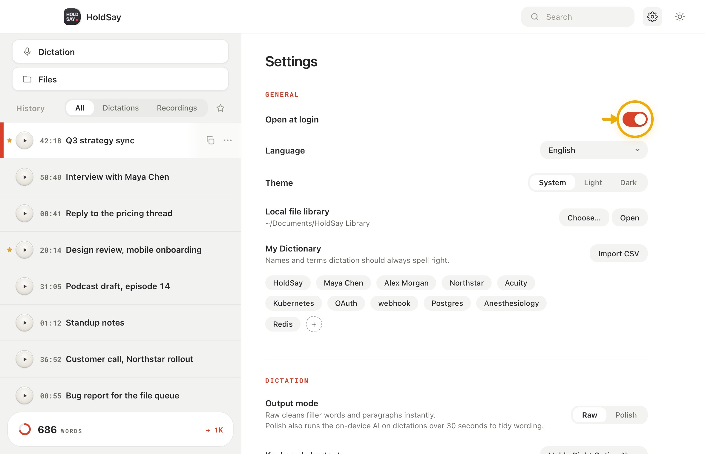 What still needs the internet in the HoldSay app, with Open at login highlighted