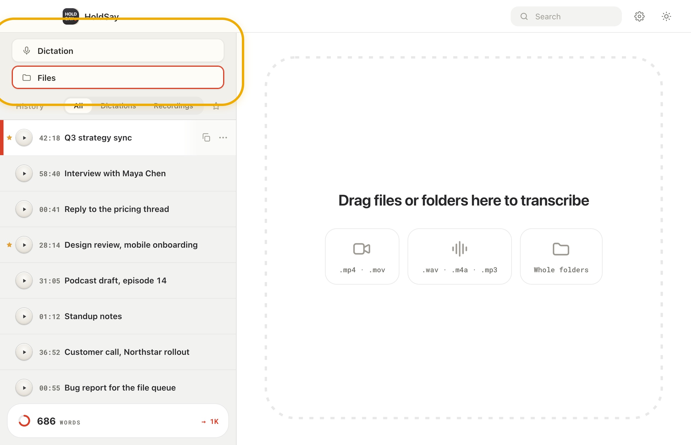 What works without a connection in the HoldSay app, with Local Dictation, Files, and History highlighted
