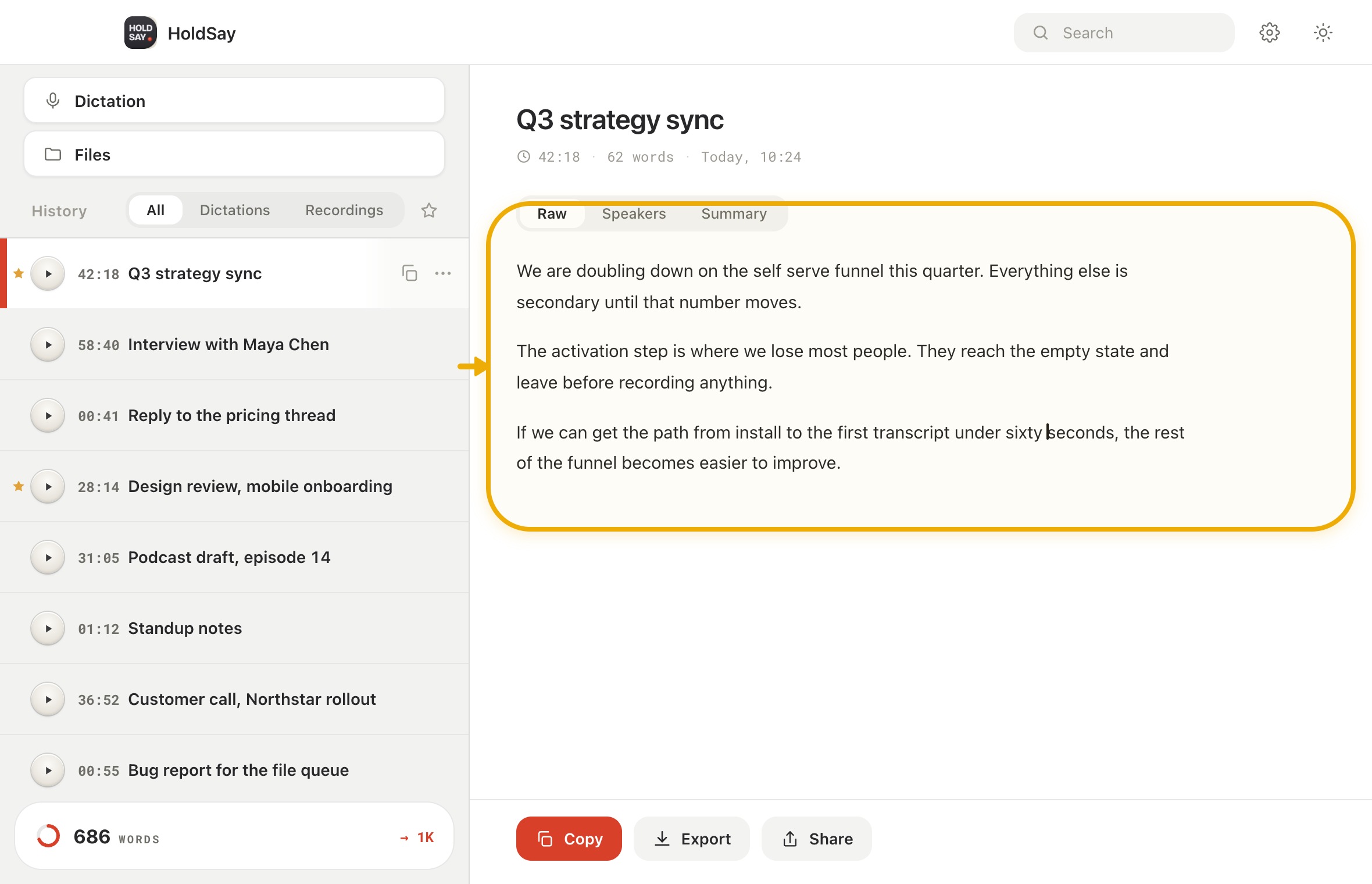 Correct the transcript in the HoldSay app, with Transcript highlighted