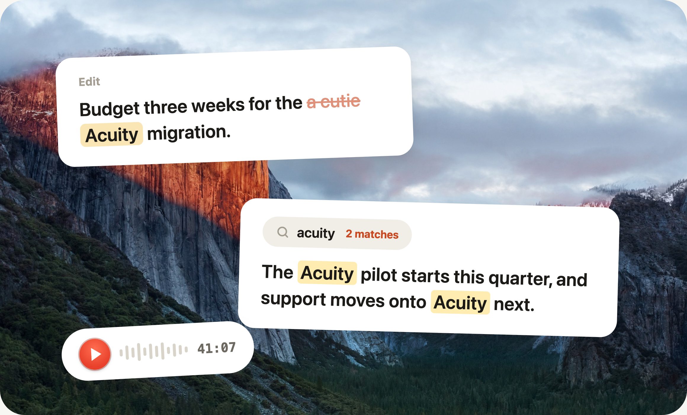 A transcript with a corrected word, a search with highlighted matches, and the source audio chip