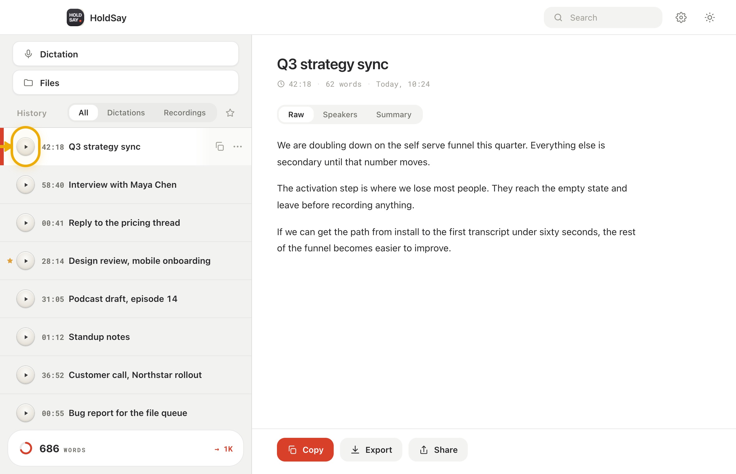 Preserve an auditable note in the HoldSay app, with Play highlighted