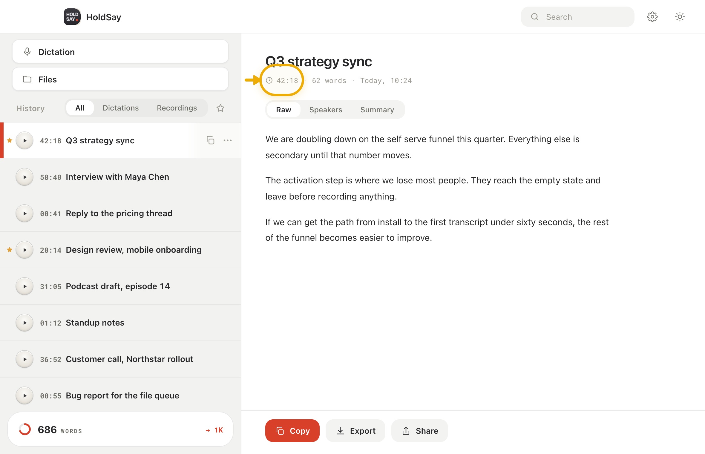 Review the details with the highest cost in the HoldSay app, with 42:18 highlighted