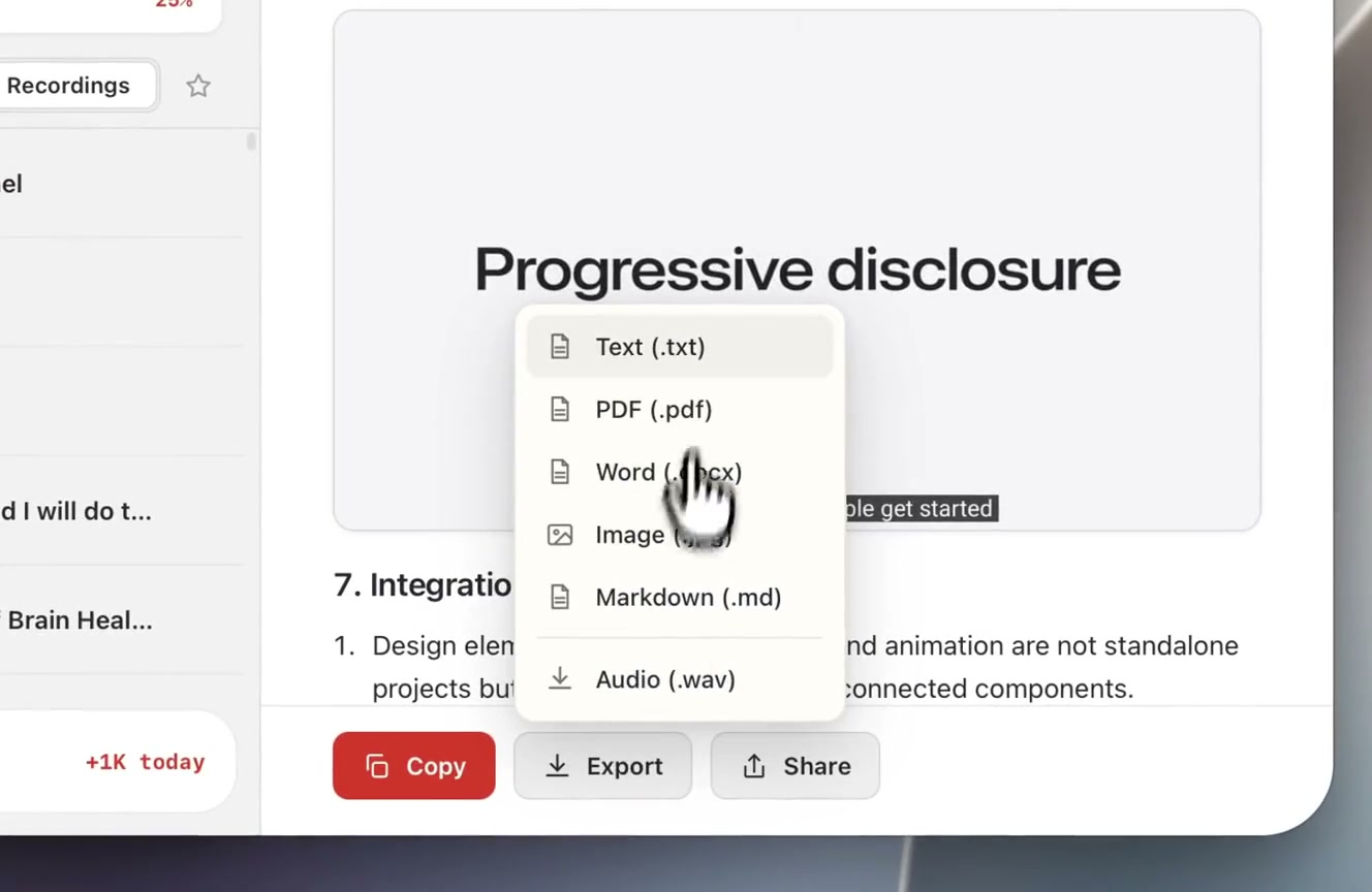 The HoldSay export menu for document, text and source audio formats