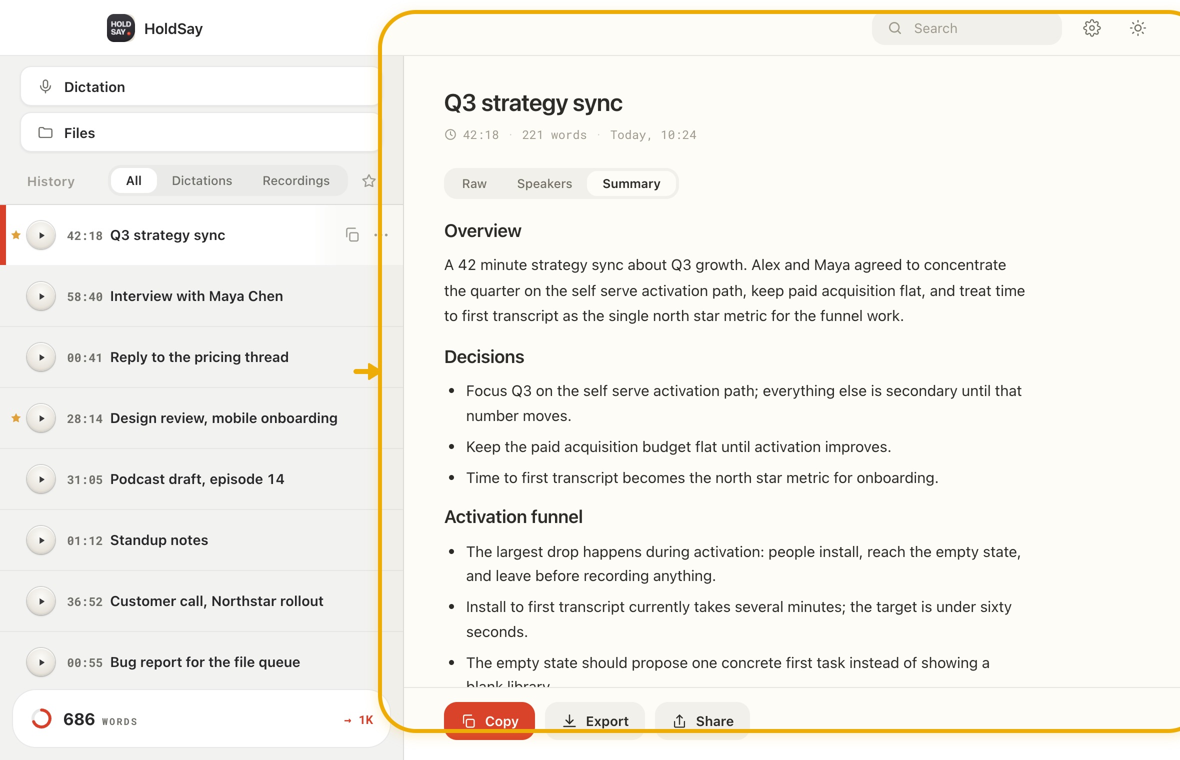 Check the share before it leaves in the HoldSay app, with Summary highlighted