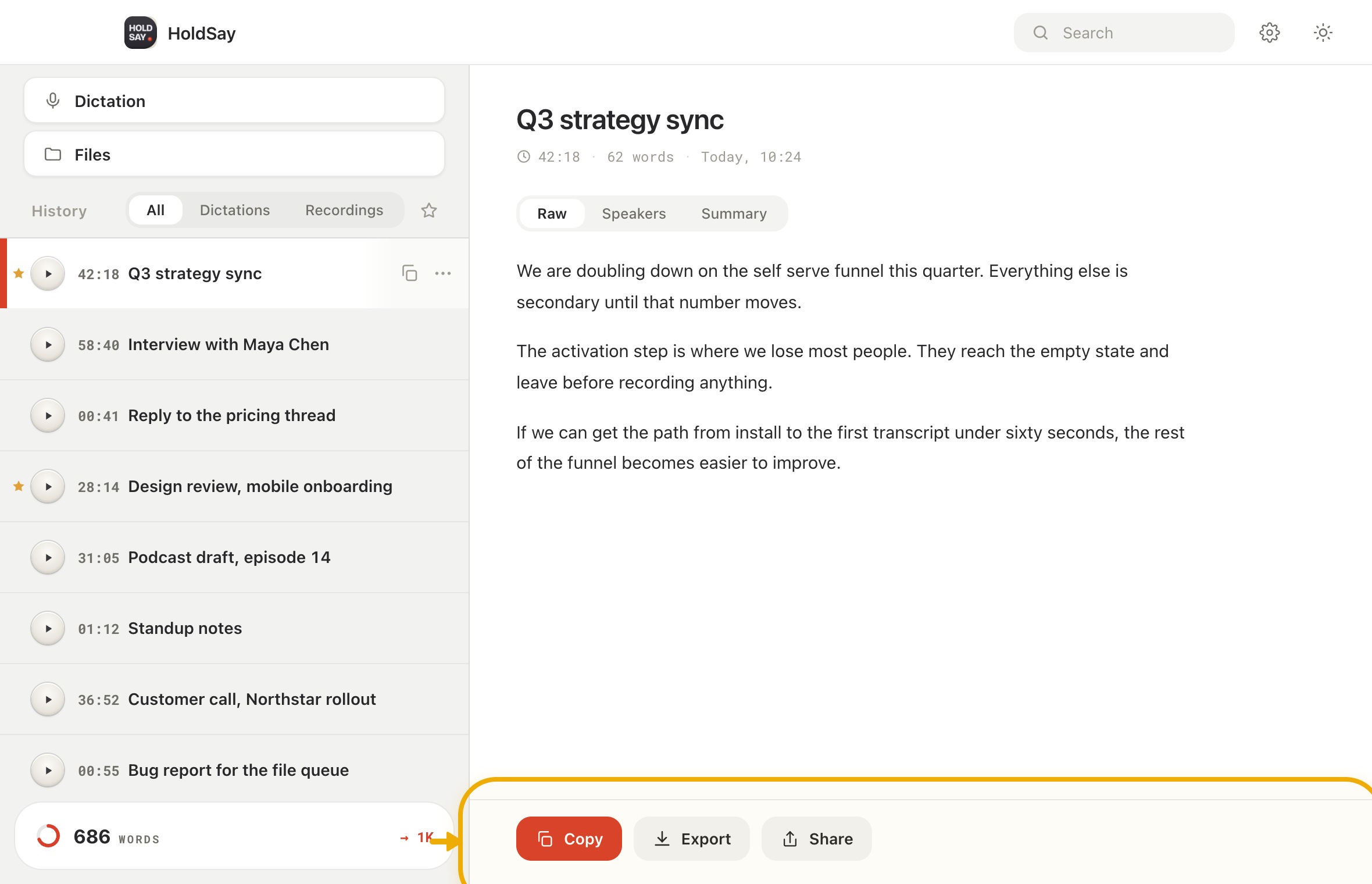 Choose what to share in the HoldSay app, with Copy highlighted
