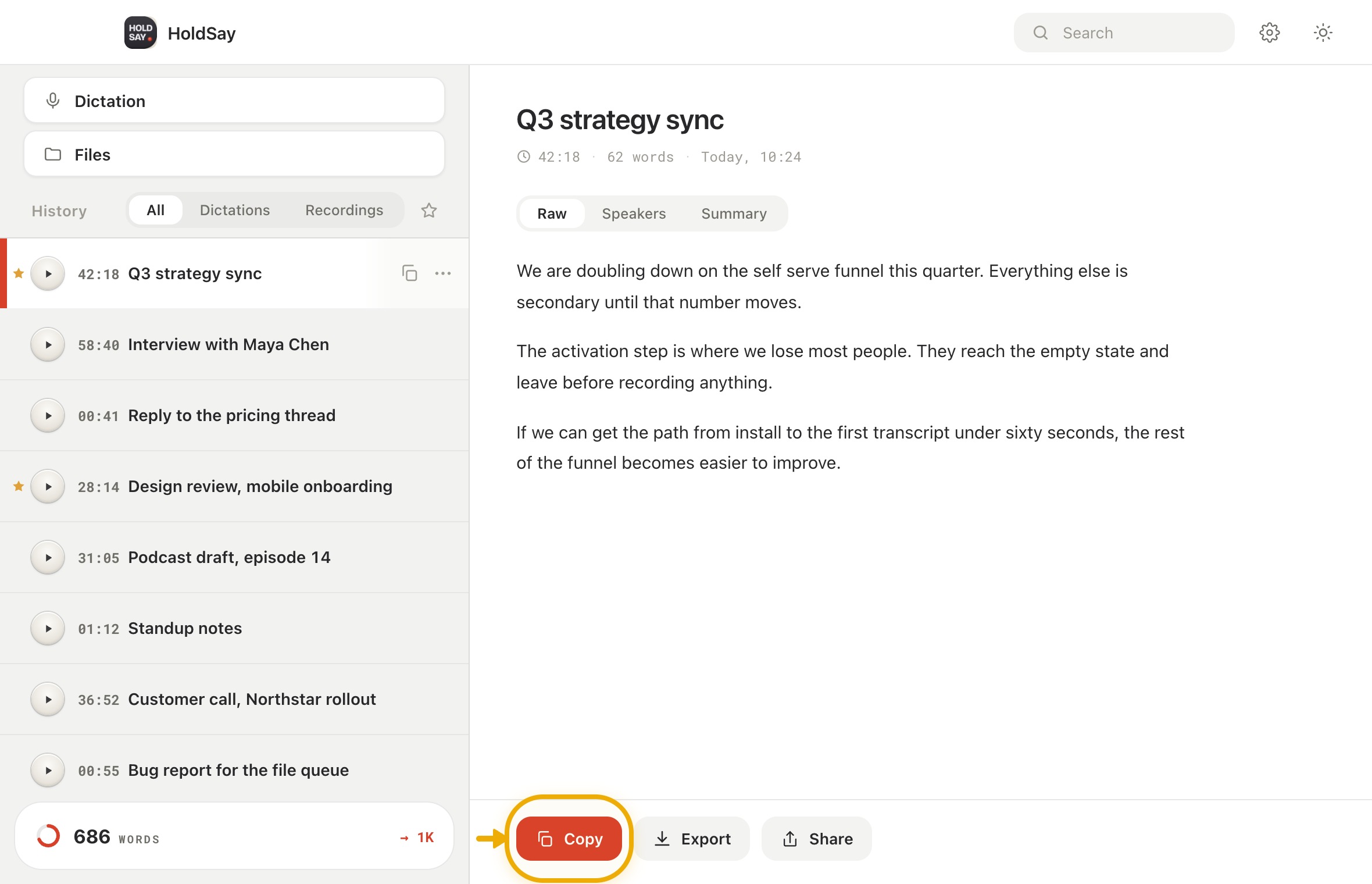 Copy into another tool in the HoldSay app, with Copy highlighted