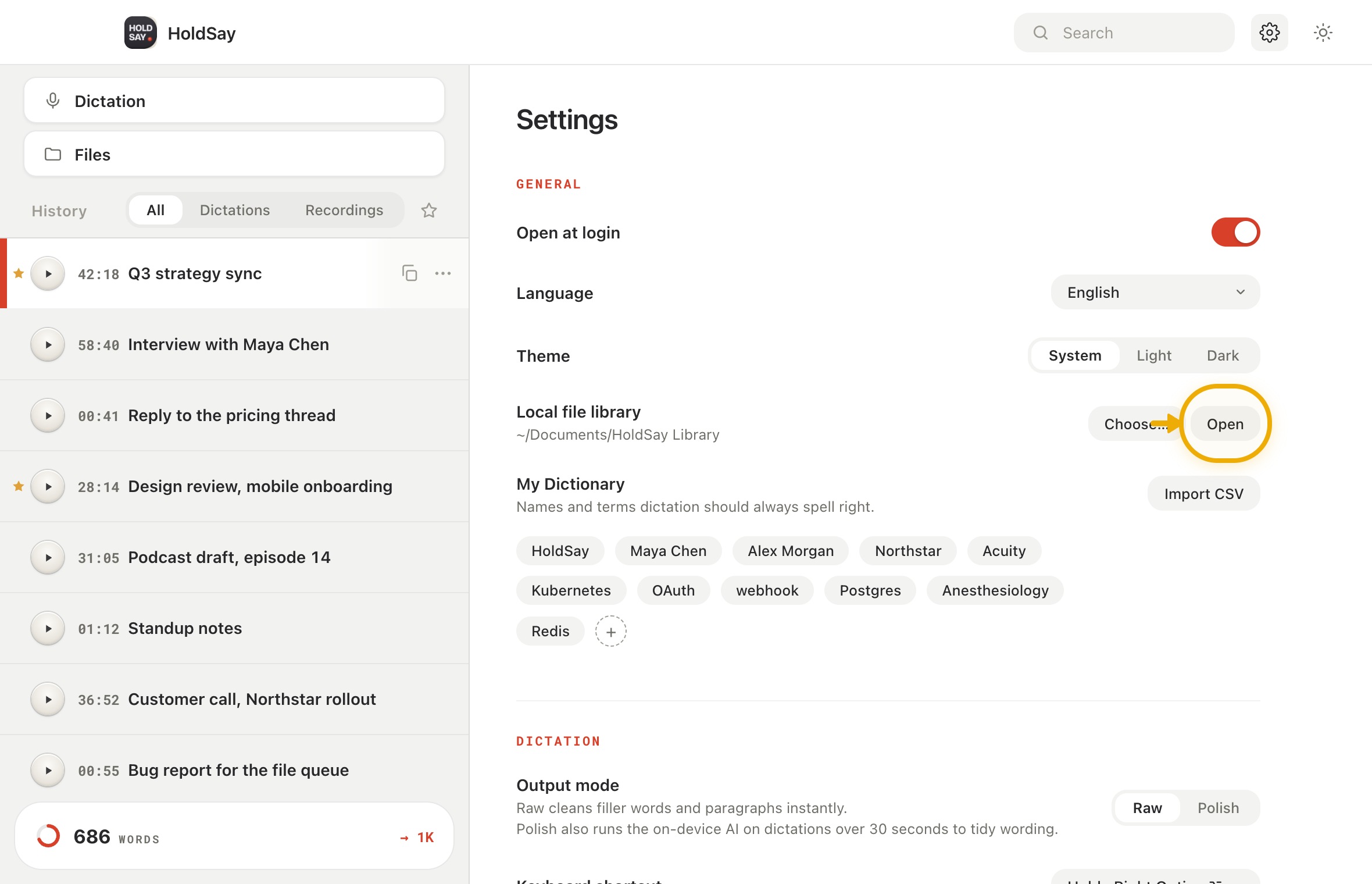 Find the current library folder in the HoldSay app, with Local file library highlighted