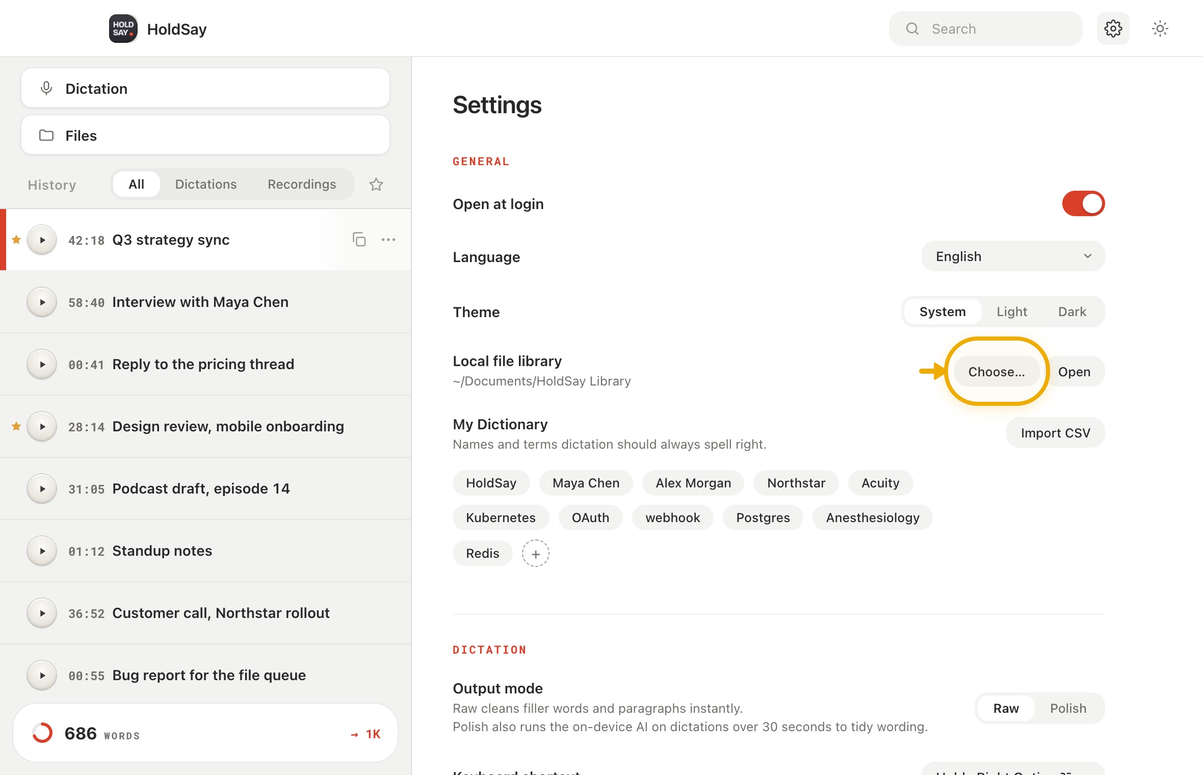 Move the library to a new location, then verify in the HoldSay app, with Local file library highlighted