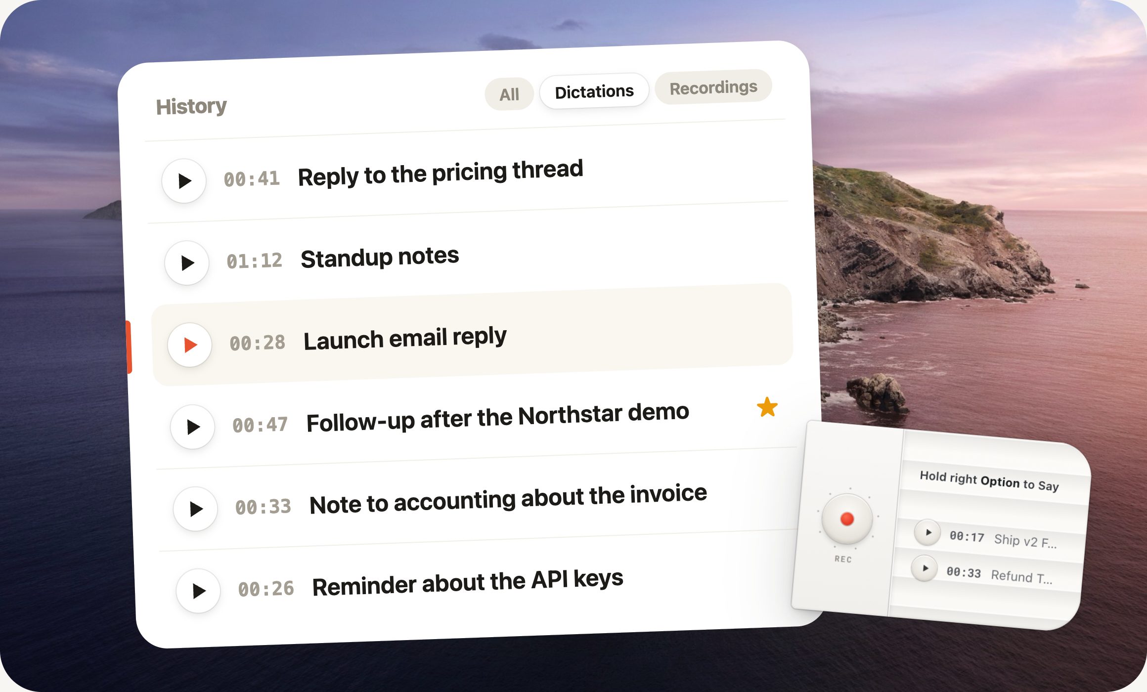 A HoldSay dictation history list with short dictations kept as notes, beside the voice card