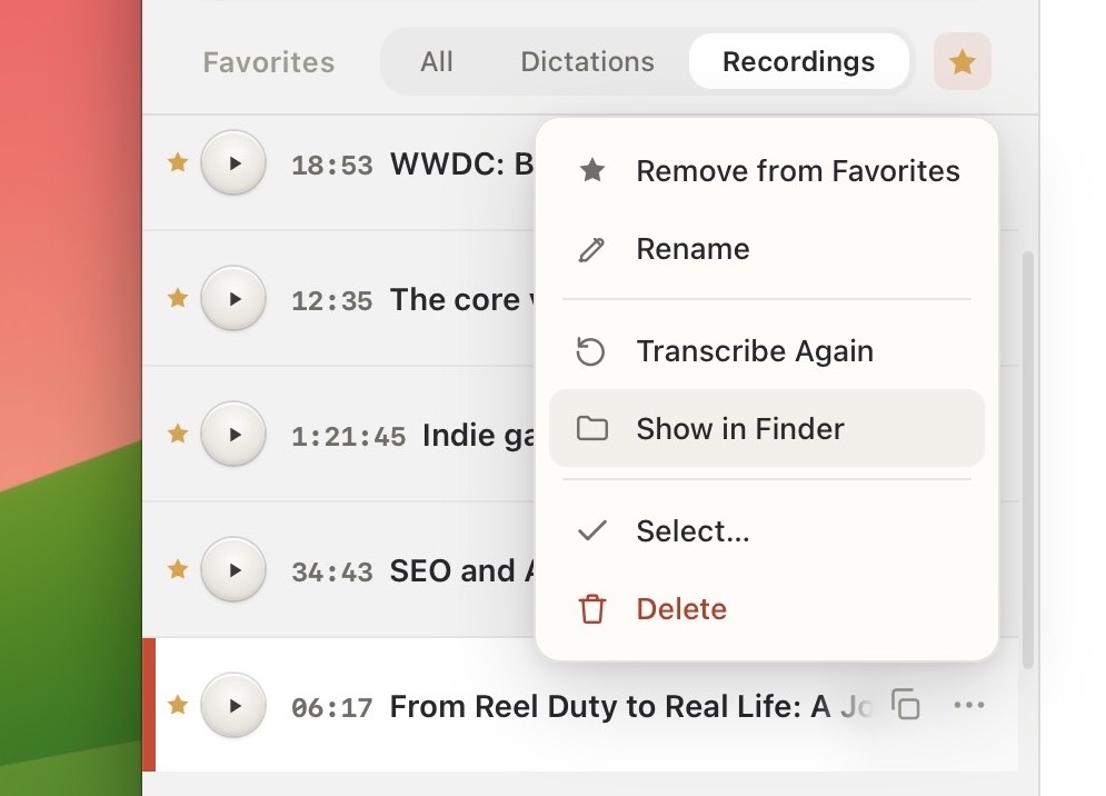 The context menu on a HoldSay recording with Show in Finder highlighted