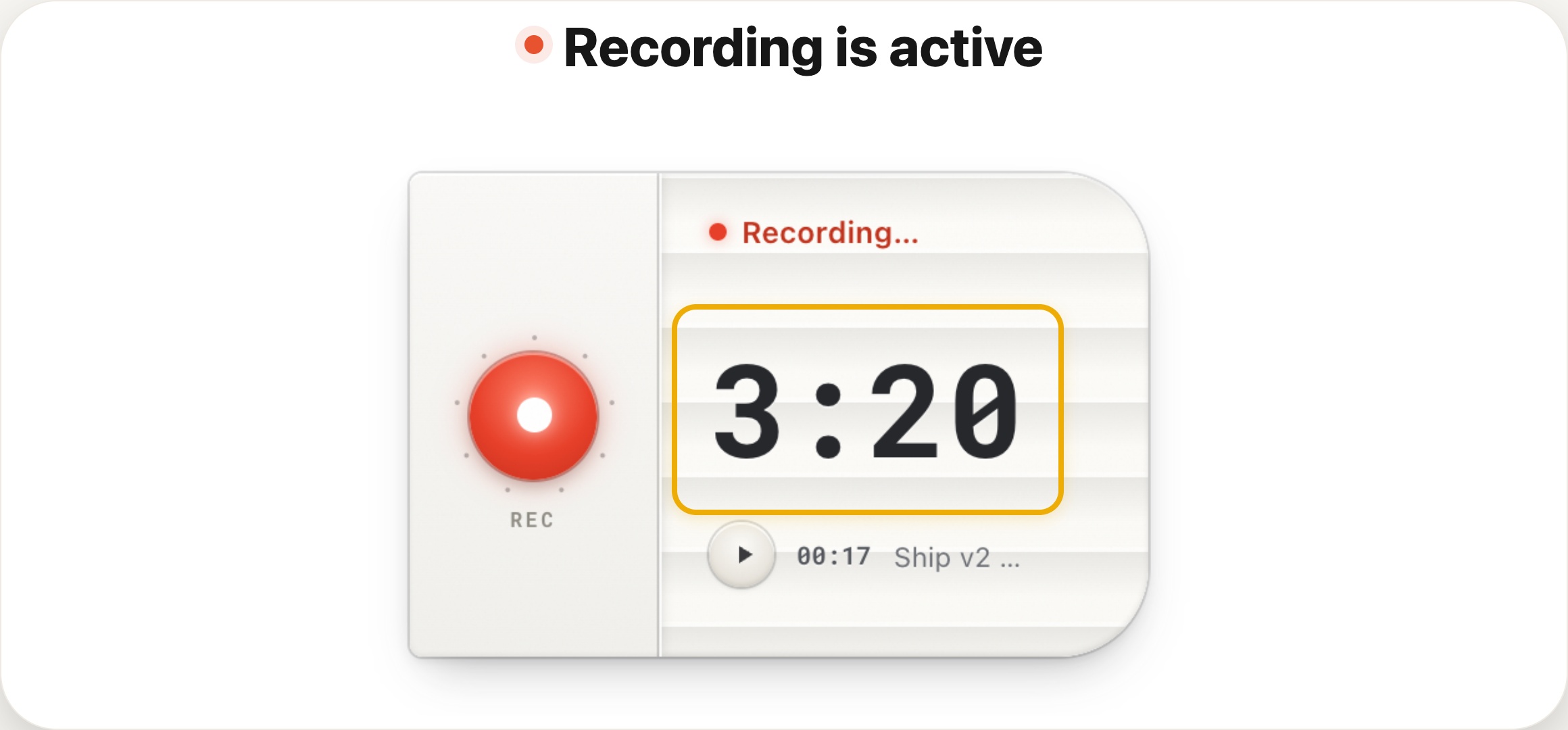 The HoldSay recording card with the active timer highlighted