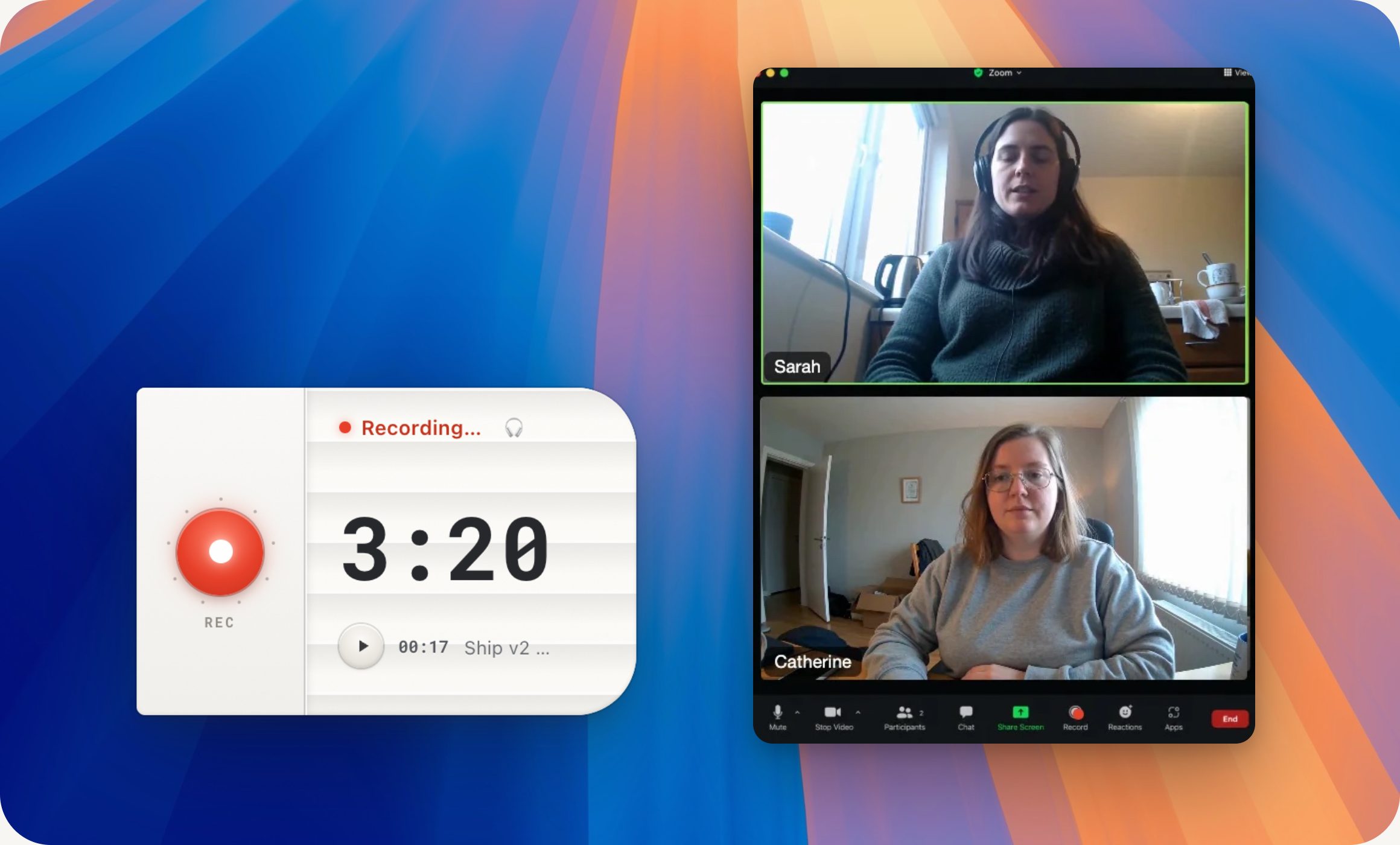 A Mac desktop with a two-person video call open and the HoldSay card recording microphone and computer audio