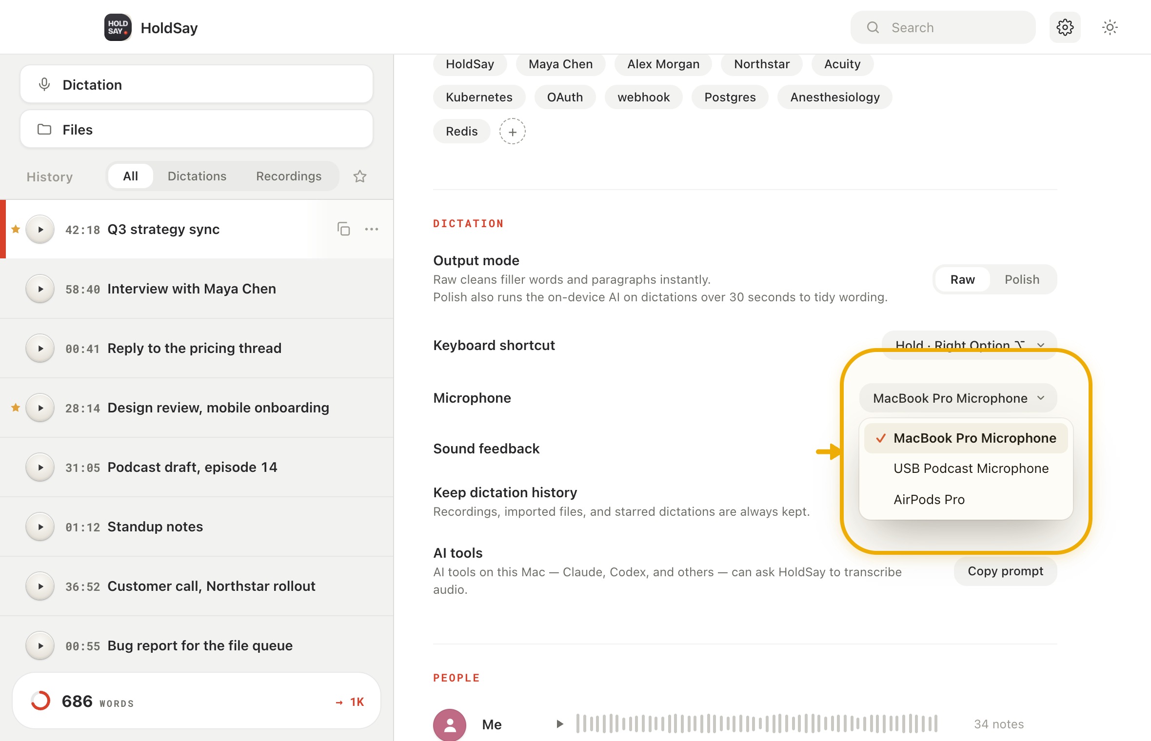 Set up a short test before the meeting in the HoldSay app, with Microphone highlighted