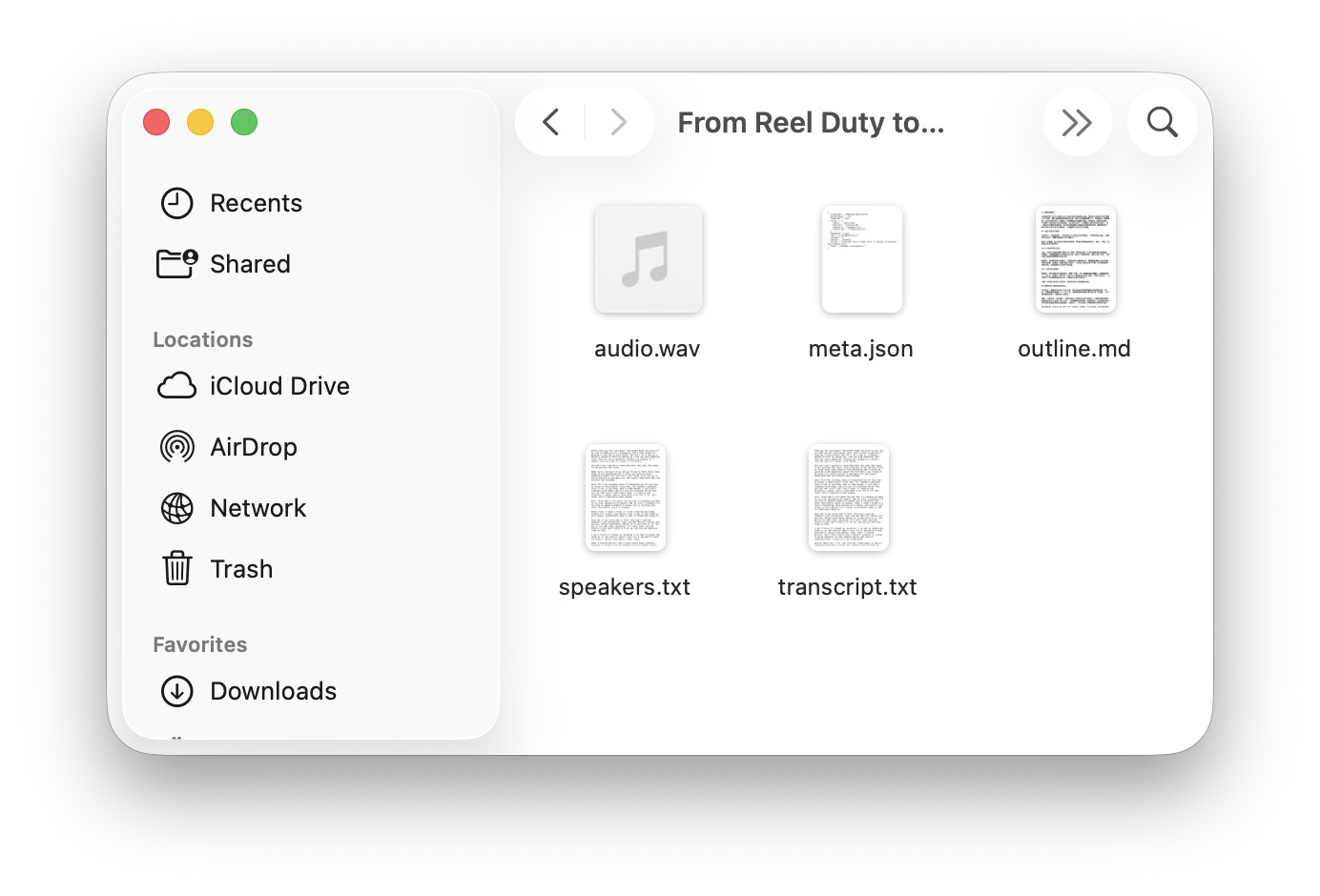 A recording folder in Finder containing the audio, transcript, speakers, outline and metadata files