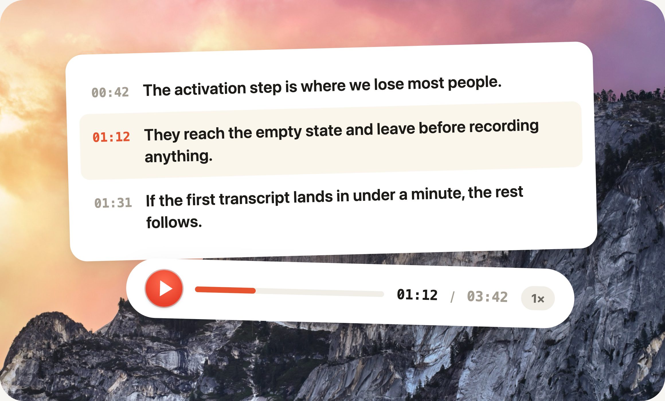 Timecoded transcript lines with one playing, above the audio player bar