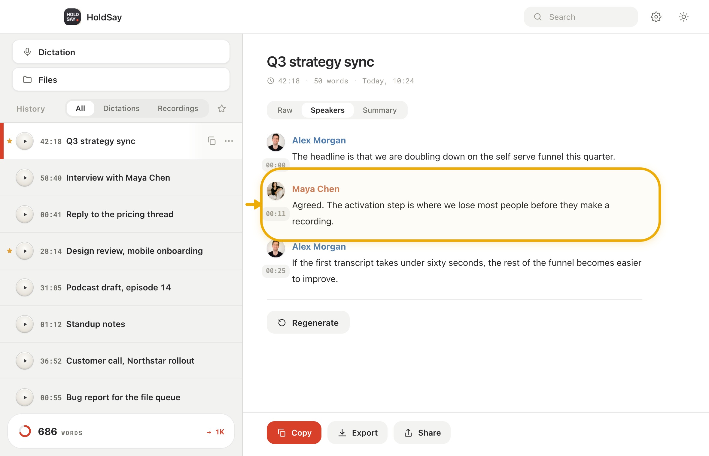 Use replay for high value checks in the HoldSay app, with Maya Chen highlighted