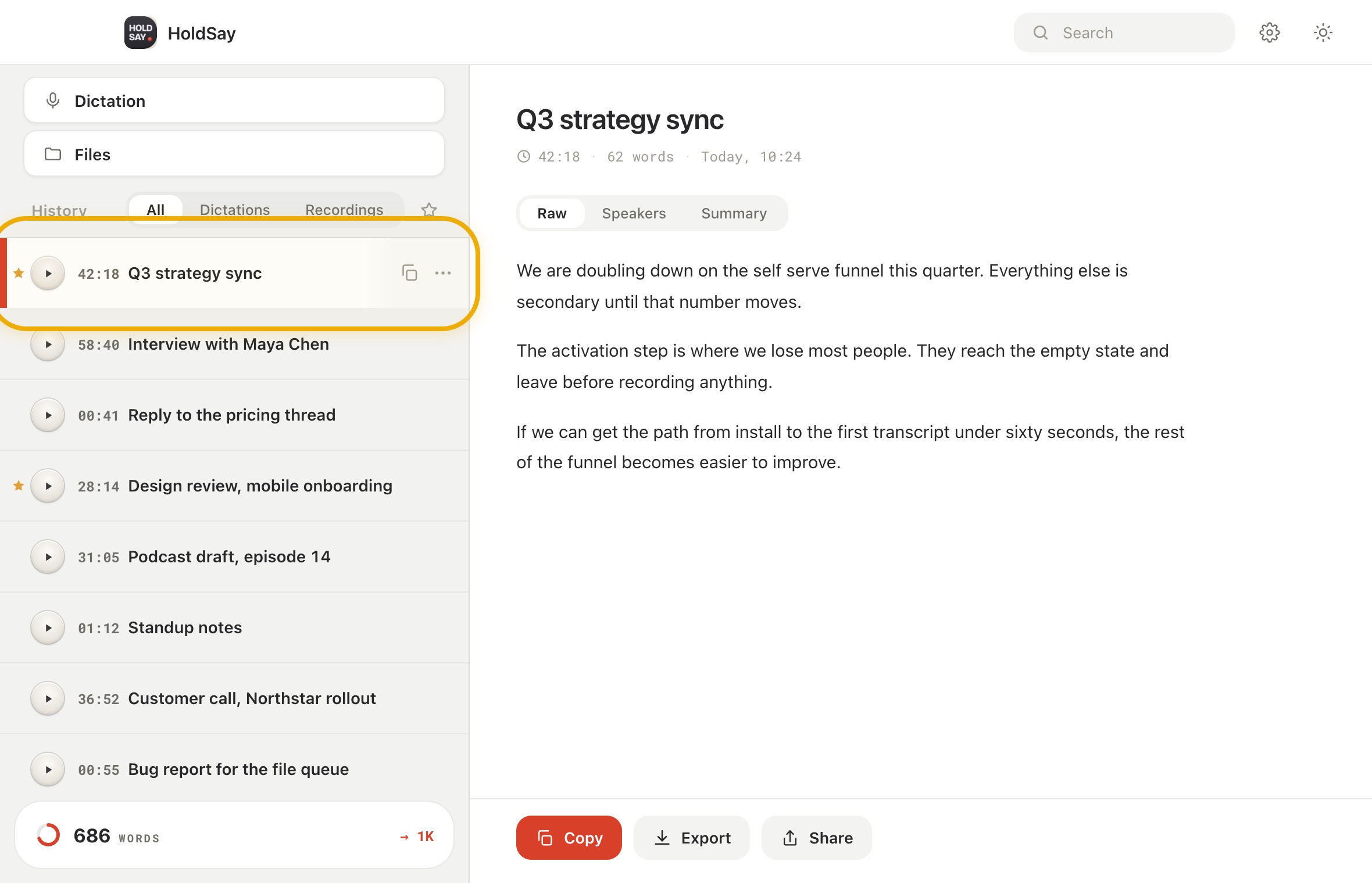 Use titles and stars deliberately in the HoldSay app, with Q3 strategy sync highlighted