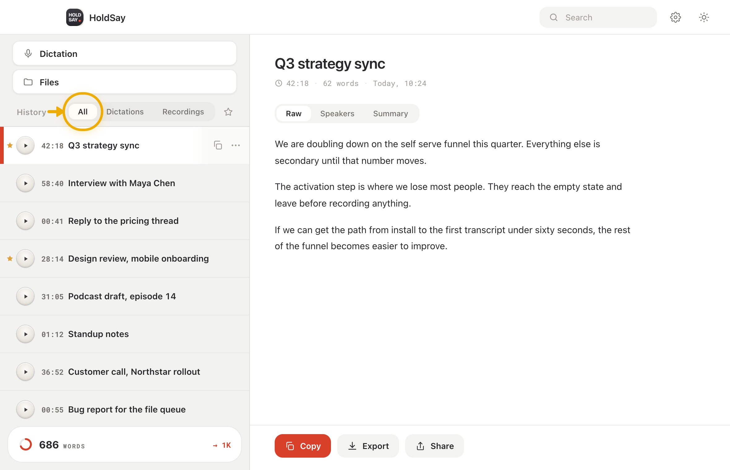 Open your library before looking for one note in the HoldSay app, with All highlighted