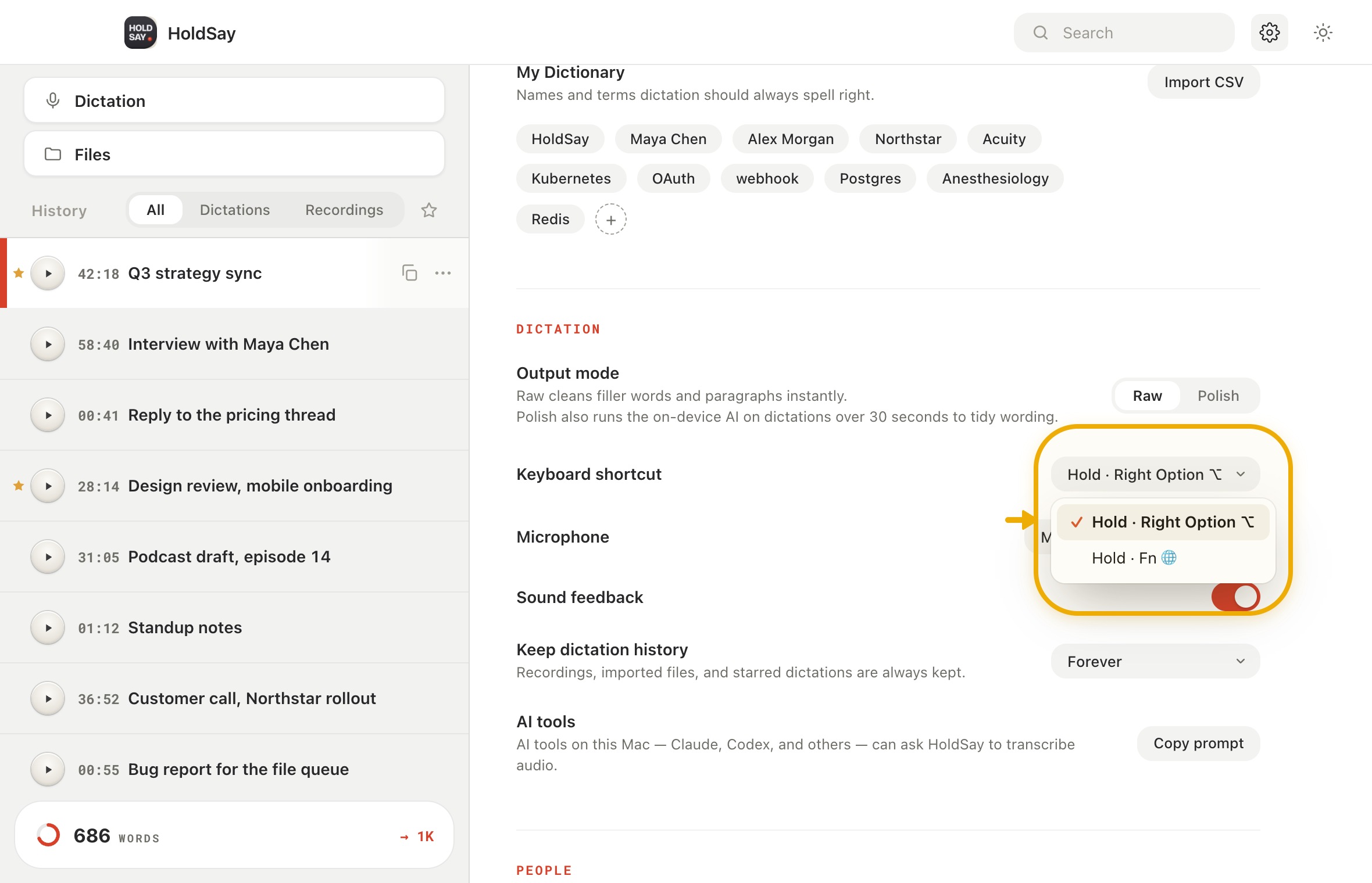 What to check when setup looks complete but a workflow still fails in the HoldSay app, with Keyboard shortcut highlighted