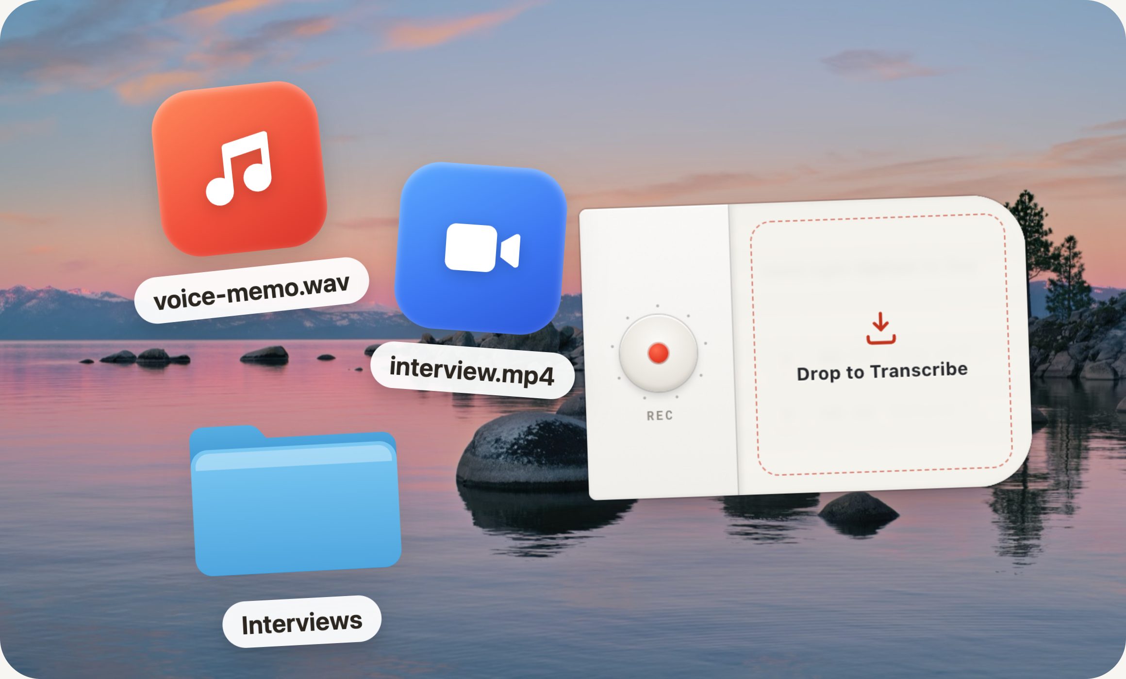 An audio file, a video file and a Mac folder beside the HoldSay voice card showing Drop to Transcribe