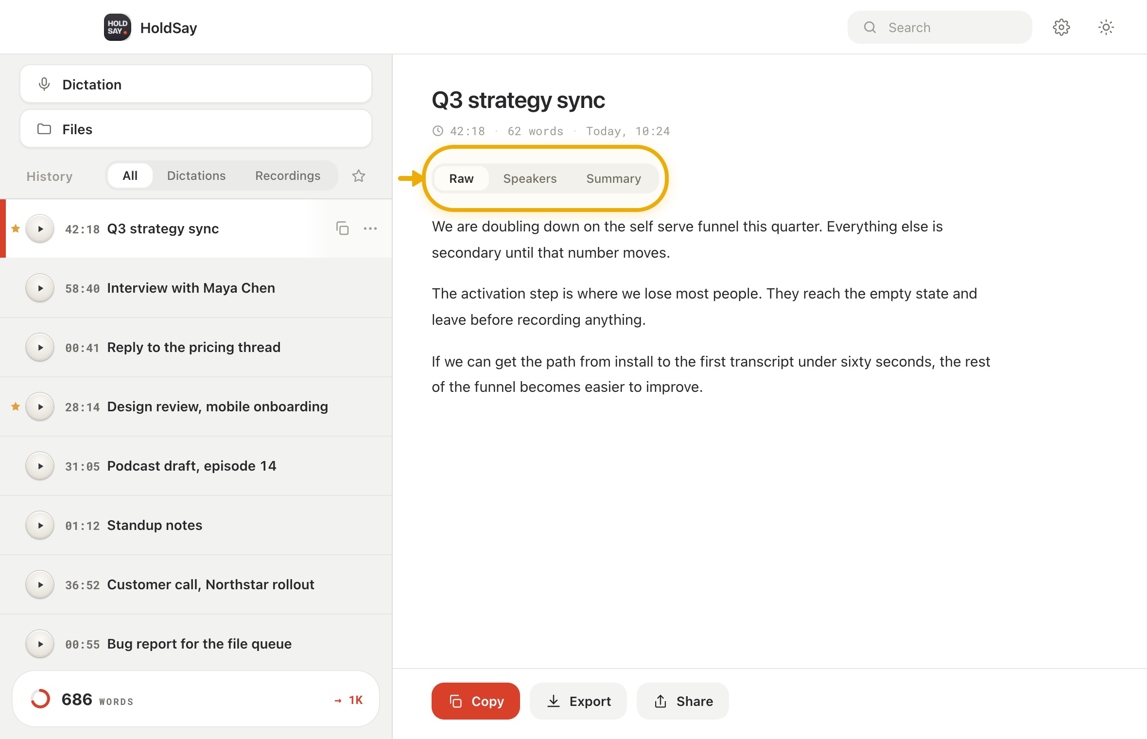 Review the transcript against the recording in the HoldSay app, with Raw highlighted