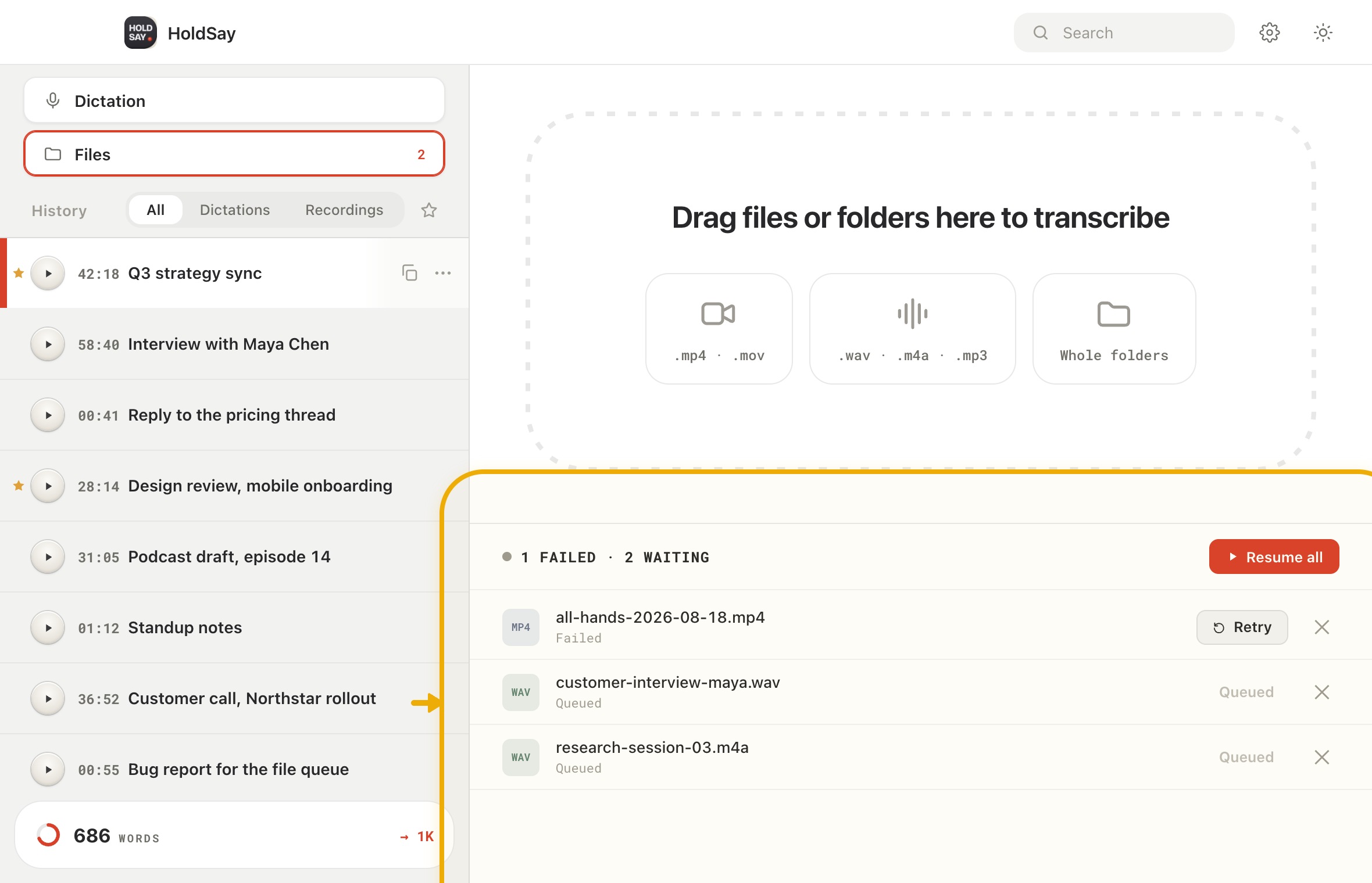 If transcription does not start or stops in the HoldSay app, with Retry highlighted