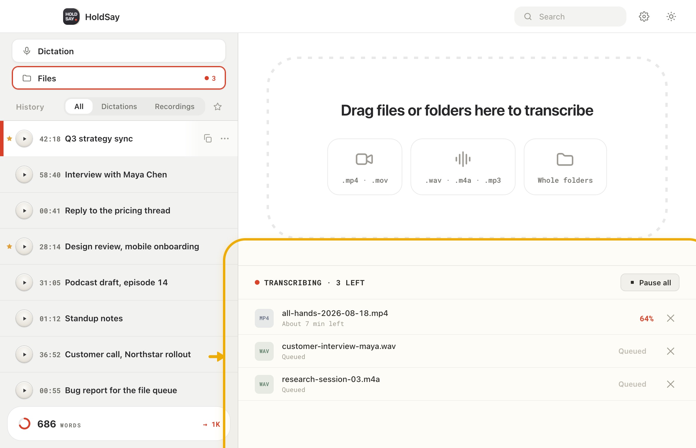 Watch the queue while transcription runs in the HoldSay app, with Transcribing highlighted