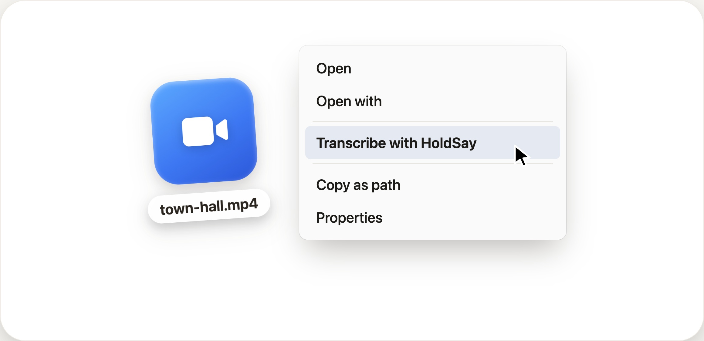 A Windows File Explorer context menu on a video file with Transcribe with HoldSay highlighted