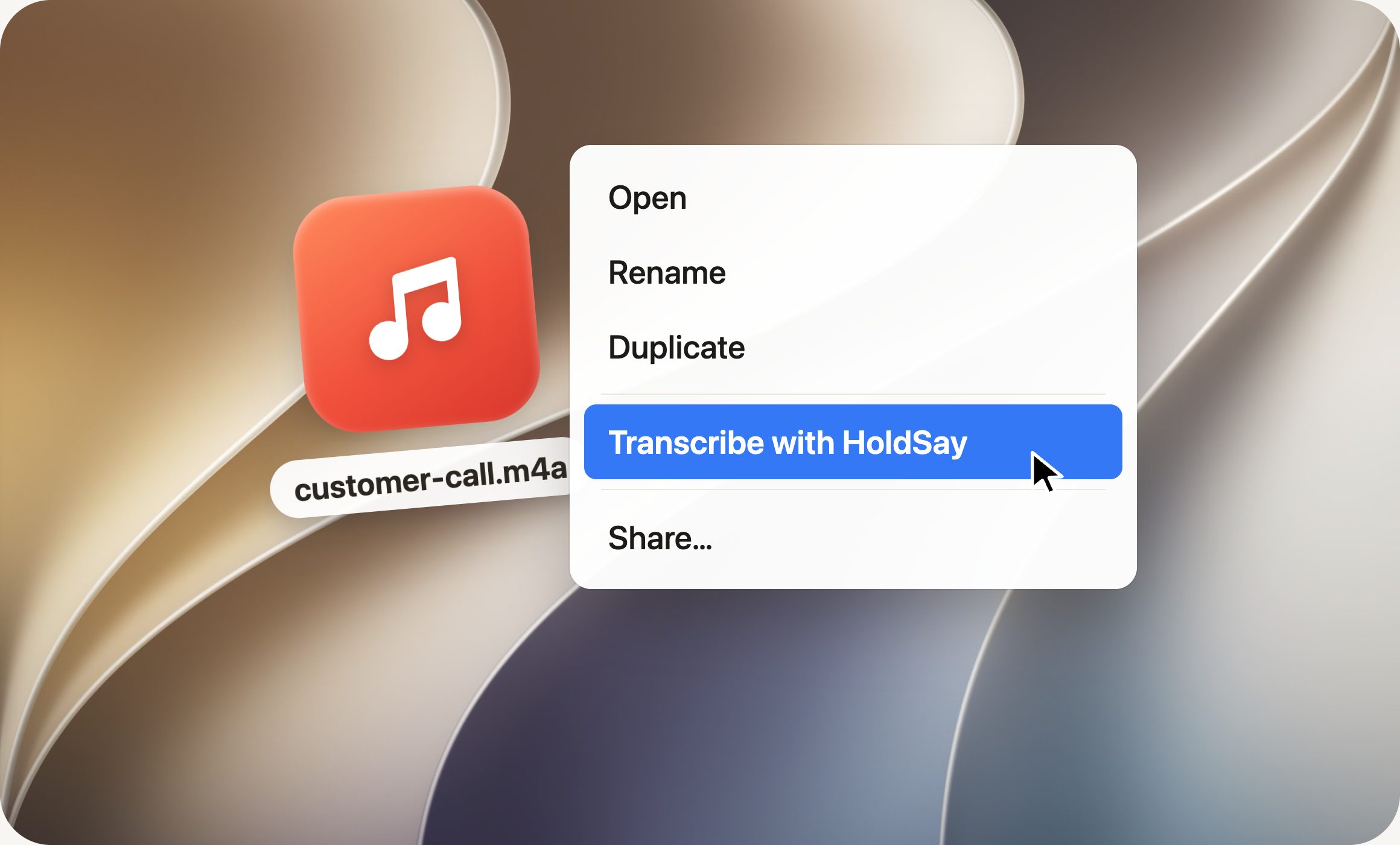 A macOS context menu over an audio file with Transcribe with HoldSay highlighted