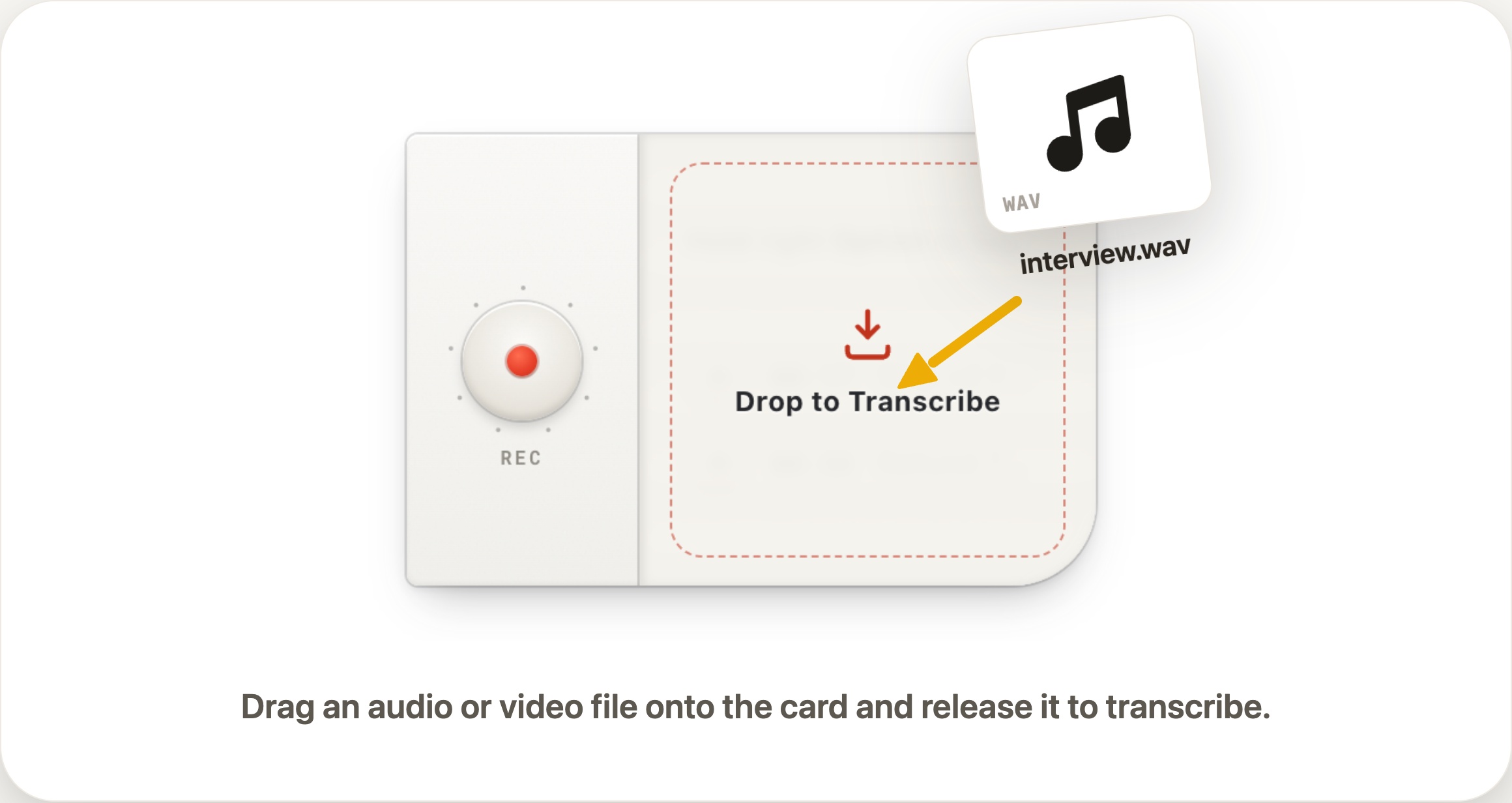 An audio file dragged onto the HoldSay voice card showing Drop to Transcribe