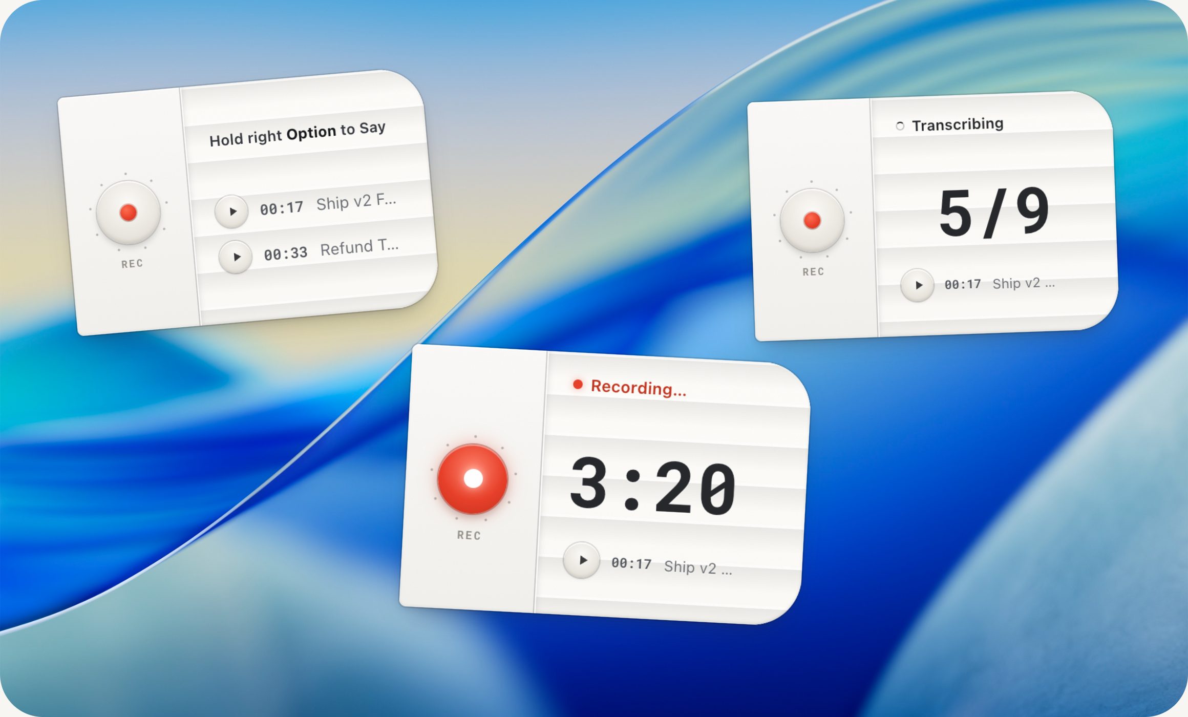 The HoldSay voice card shown ready, recording and transcribing